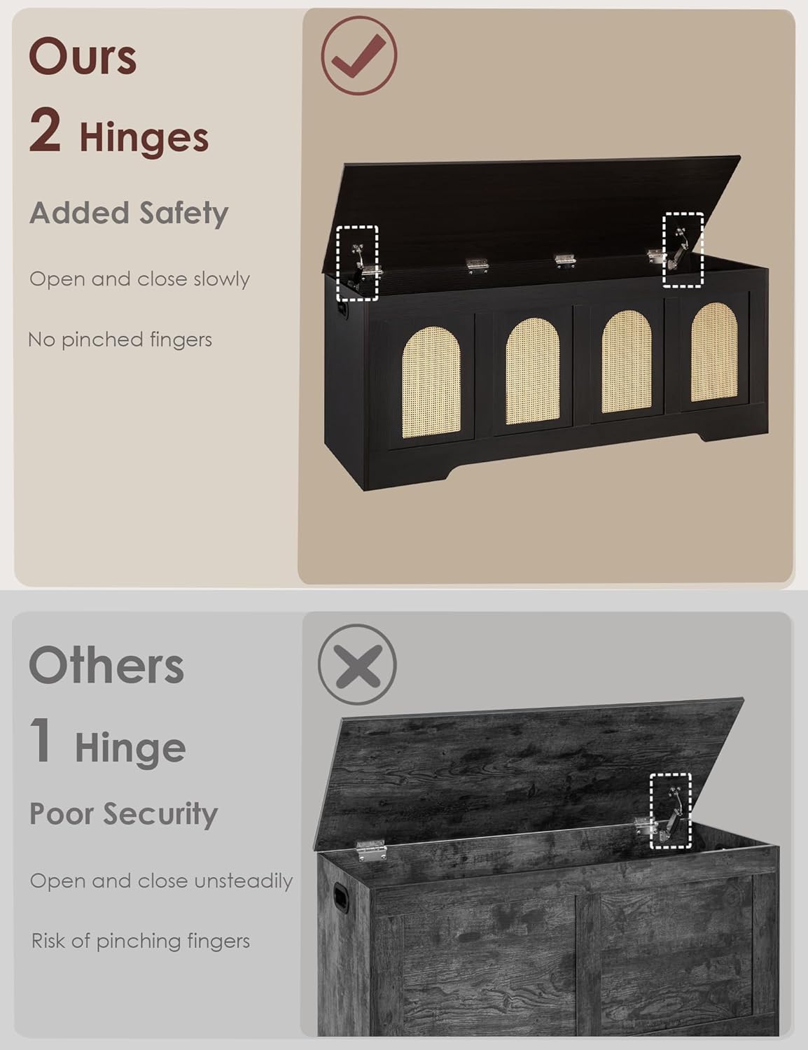 DINZI LVJ Storage Chest, 47.2" Rattan-Like Toy Box with 2 Safety Hinges, Wooden Entryway Storage Bench with Flip-Top, Large Trunk for Living Room, Bedroom, Easy Assembly, Espresso and Natural