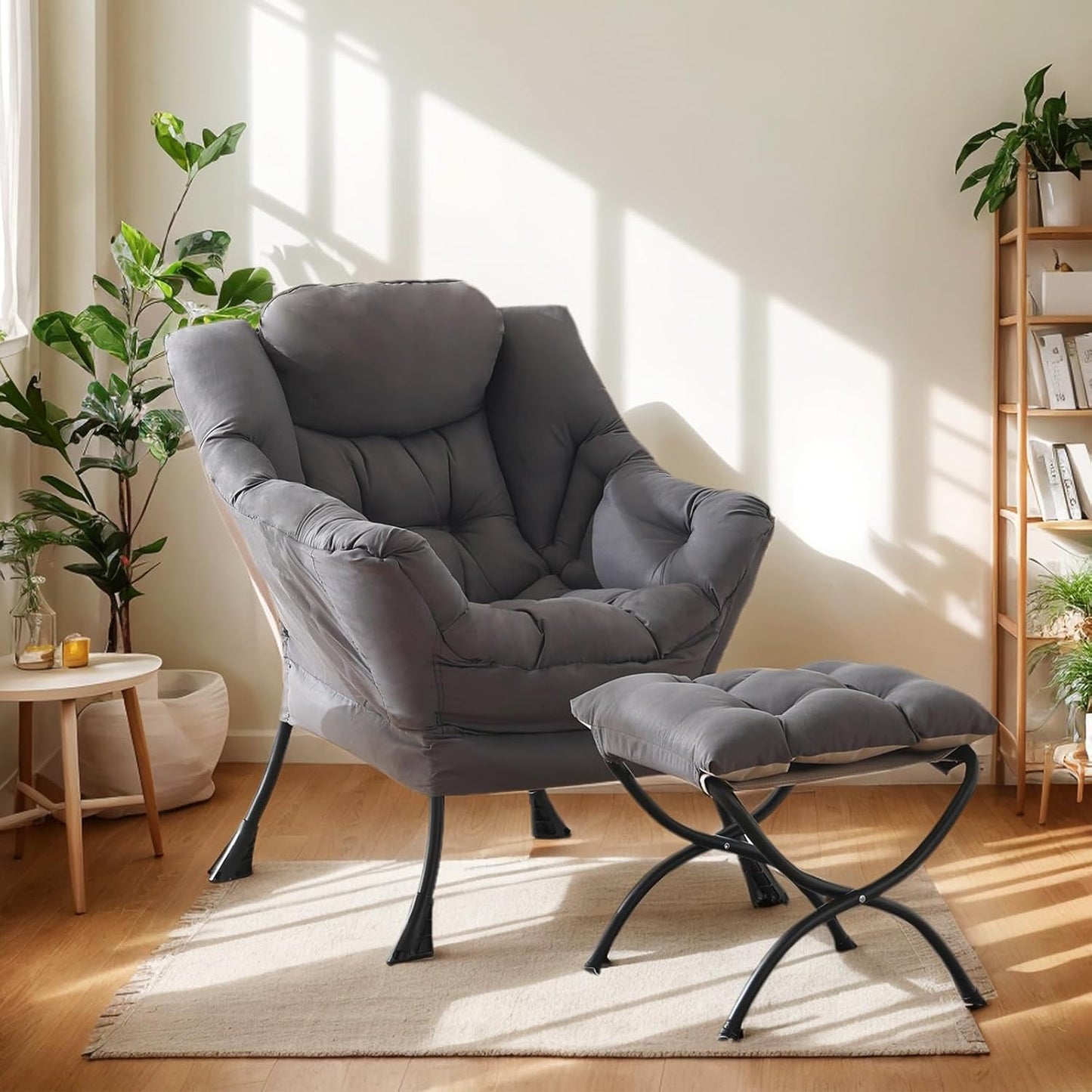 Lazy Chair with Ottoman, Reading Armchair with Armrests and Footrest, Large Modern Lounge Accent Chair with Ottoman, Leisure Sofa Chair for Living Room, Bedroom, Dorm Room (Dark Grey)