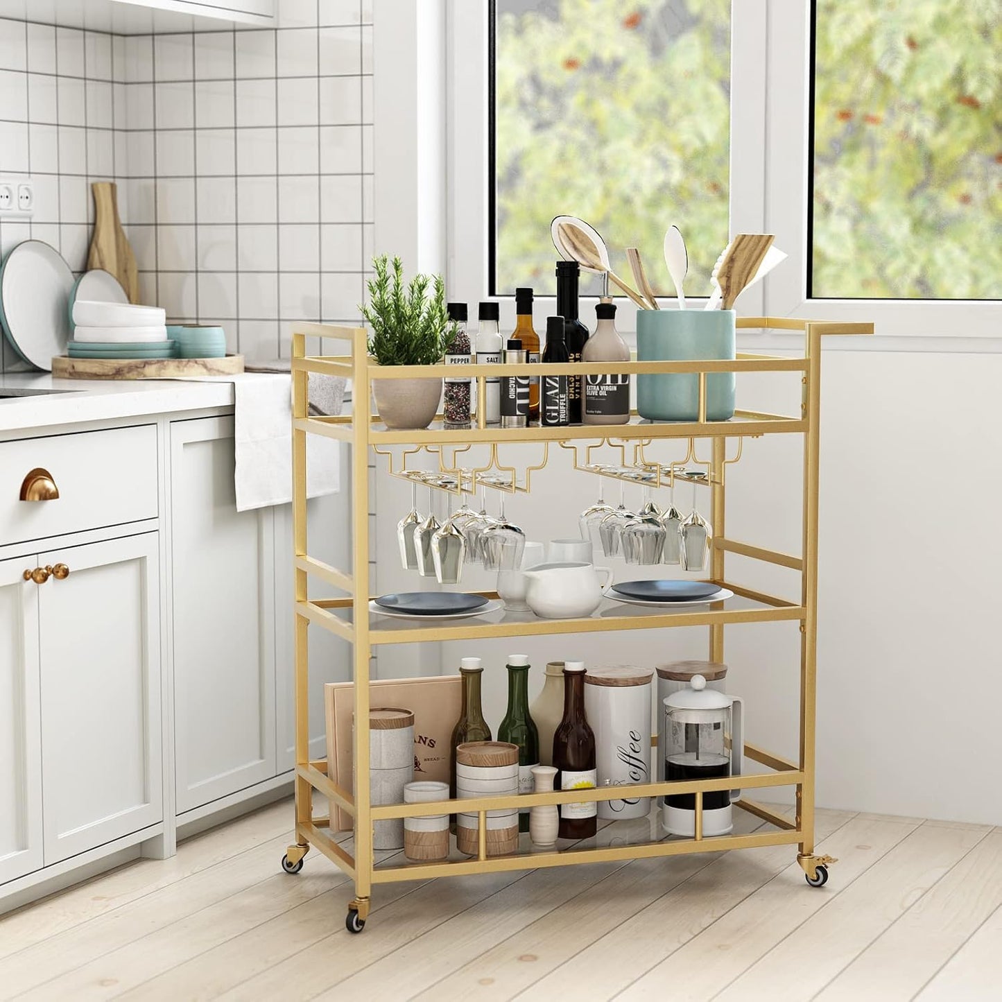 Gold Bar Carts with 3 Tier Glass Shelves, Rolling Serving Bar Cart with Wine Rack and Glass Holder, Home Bar Carts & Wine Carts on Wheels for Kitchen, Indoor & Outdoor
