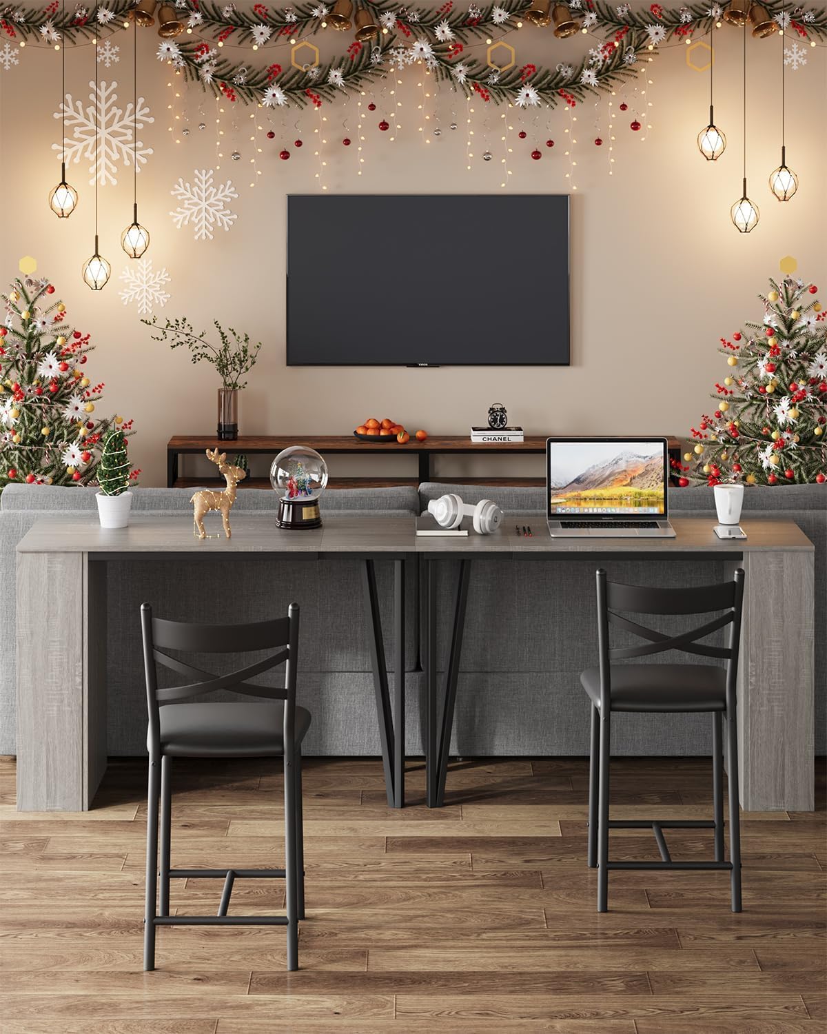 Garvee Bar Table and Chairs Set, 3 Piece Bar Table Set with with Flip Top Extension and Storage Shelves, Dining Table Set for 2, Suitable for Small Space Kitchen Apartment, Grey