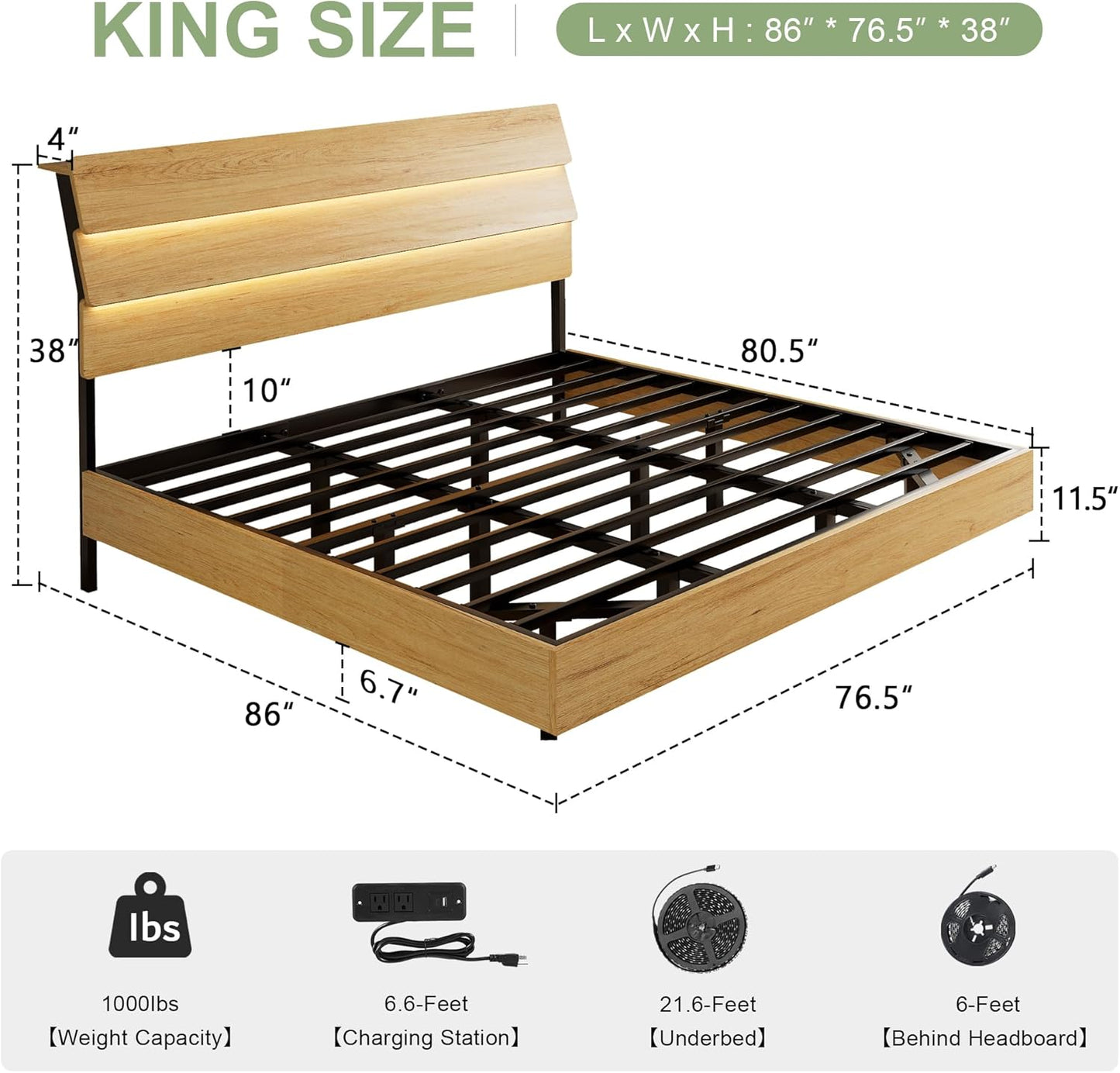 Feonase Floating Bed Frame King with Led Lights and Charging Station, Wood Full Size Bed Frame with Storage Headboard, Heavy Duty Metal Slats, No Box Spring Needed, Easy Assembly,Oak