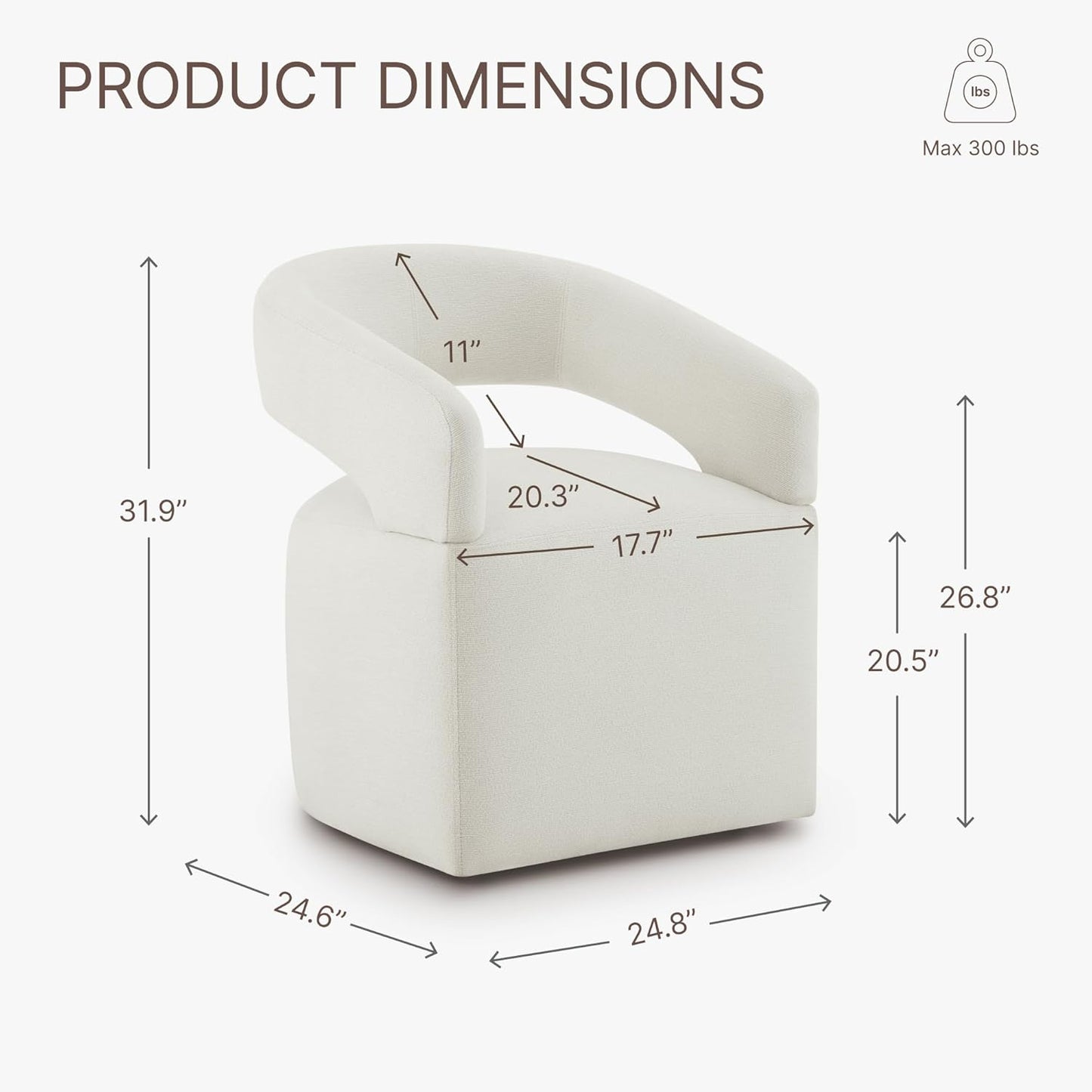 Upholstered Dining Chairs with Removable Casters Barrel Side Armchair with Rollers for Diningroom Bedroom Livingroom Reading Room, Ivory, 1PCS