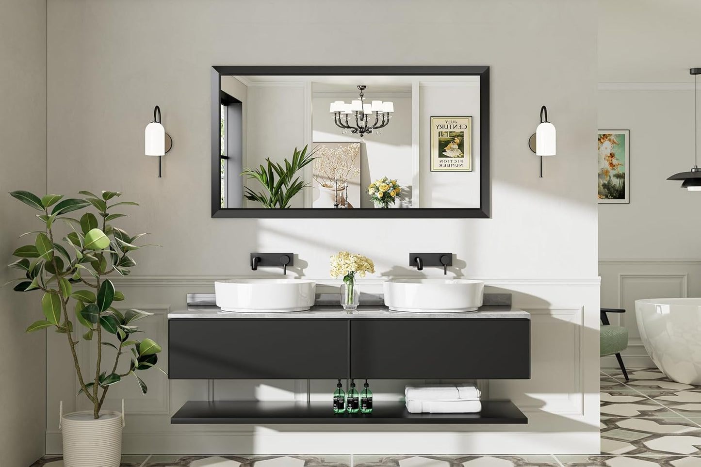 55x30 Inch Black Bathroom Mirror for Wall, Thick Metal Framed Rectangle Mirrors for Over Sink, Bedroom, Living Room, Entryway, Anti-Rust, HD Tempered Glass