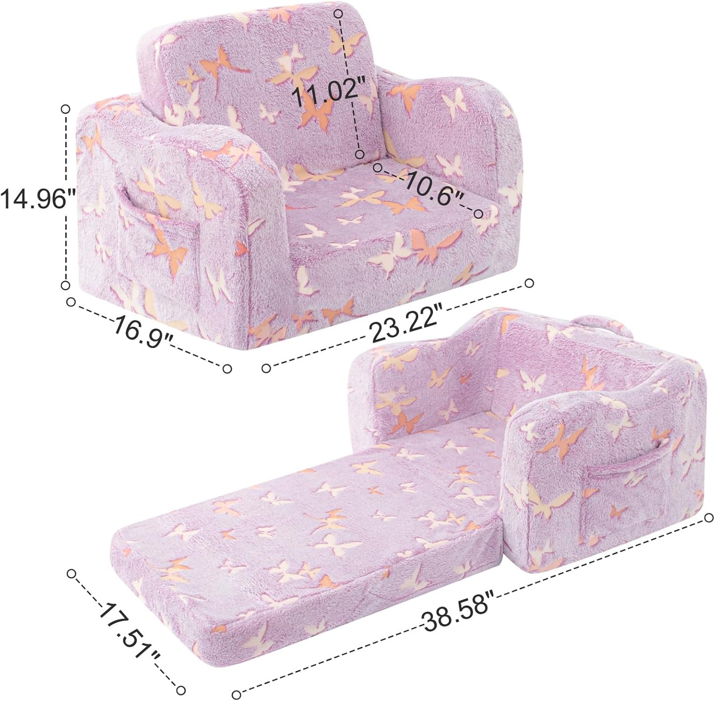 Kids Toddler Chair, 2-in-1 Toddler Couch Fold Out, Convertible Chairs for Toddlers Comfy Sofa to Lounger with Glow in The Dark Feature, Soft for Girls and Boys, Glowing Butterfly