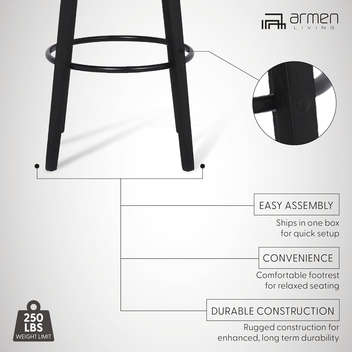 Armen Living Sonia 26" Counter Height Swivel Gray Faux Leather and Black Wood Bar Stool