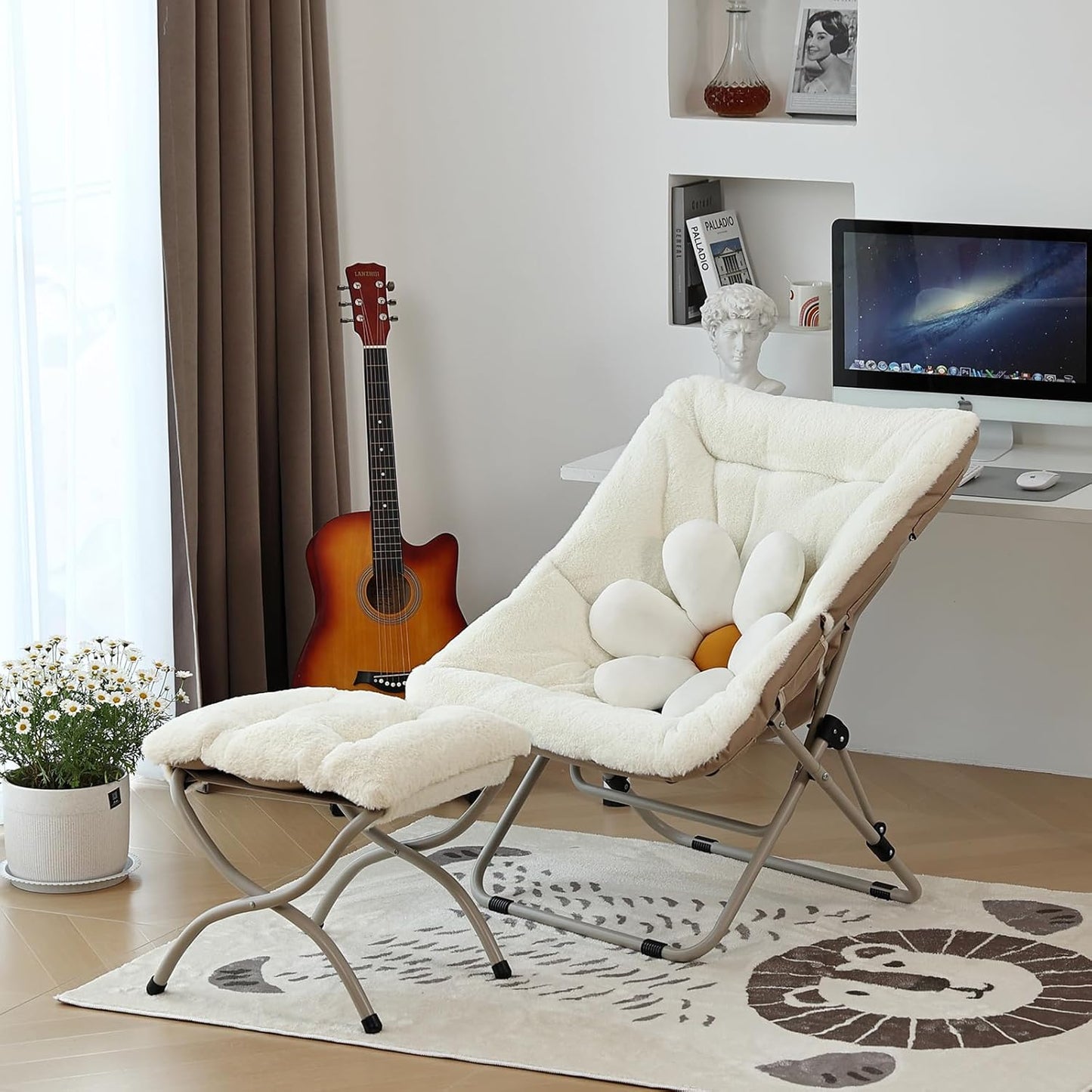 Living Room Chair, Soft Faux Fur Folded Chair Oversized Folding Accent Chair, Furry Lounge Lazy Chair, Metal Frame Moon Chair for Bedroom, Living Room