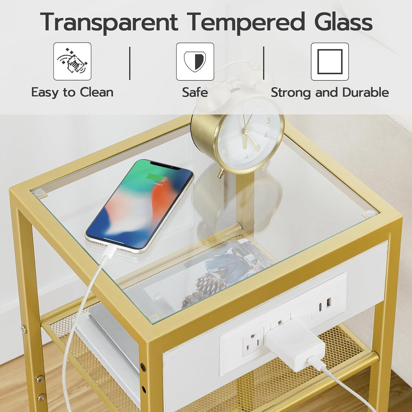HOOBRO End Table with Charging Station, Side Table with USB Port & Power Outlets, 3-Tier Slim Nightstand with Storage Shelves, Tempered Glass, for Living Room, Bedroom, Gold GD77UBZ01