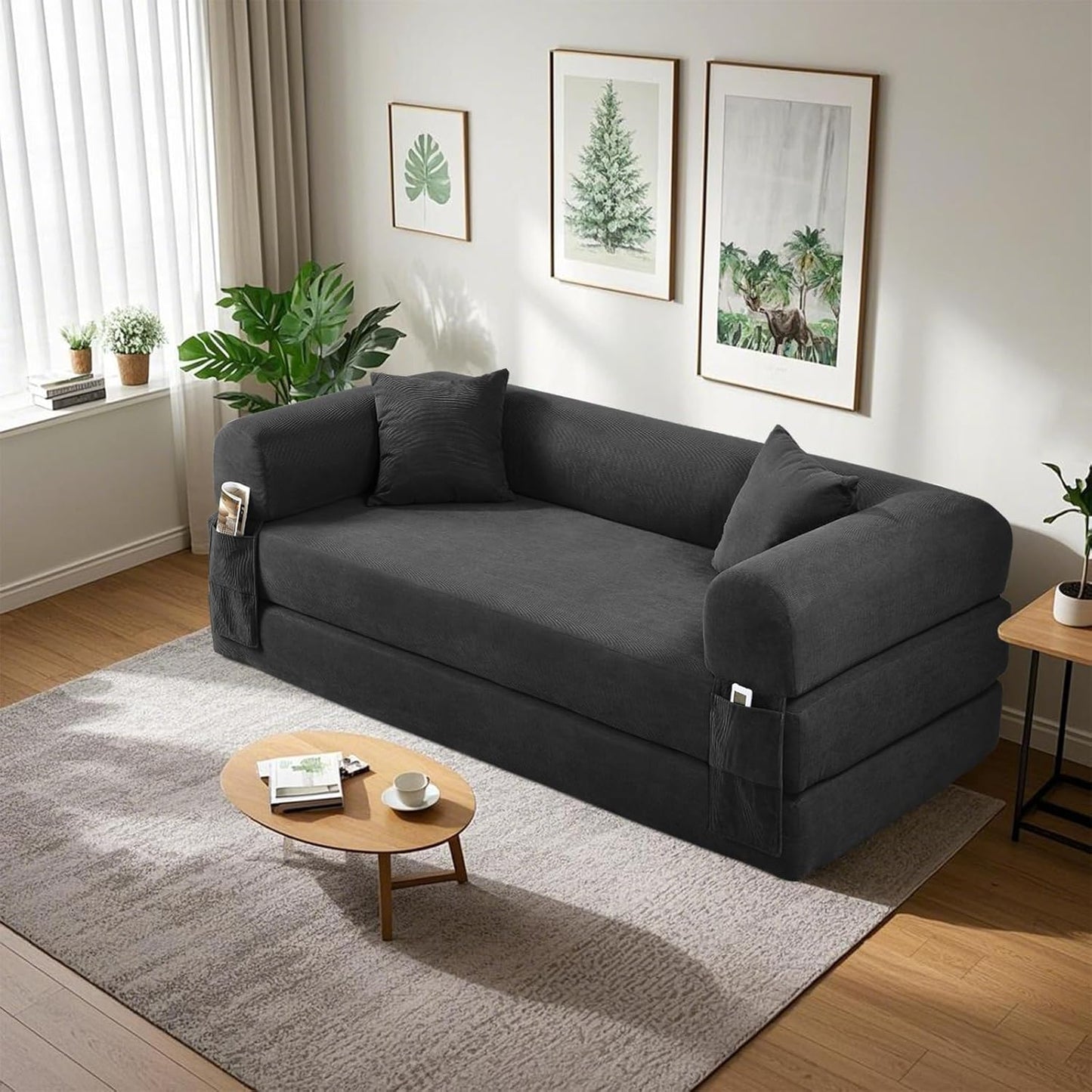 80" Convertible Sofa Bed, Corduroy Deep Seat Folding Pull Out Couch with Pillows, No Assembly Modern Boneless Couch Compression Sofa in Box, Floor Sofa with Storage Pocket for Living Room,Dark Grey