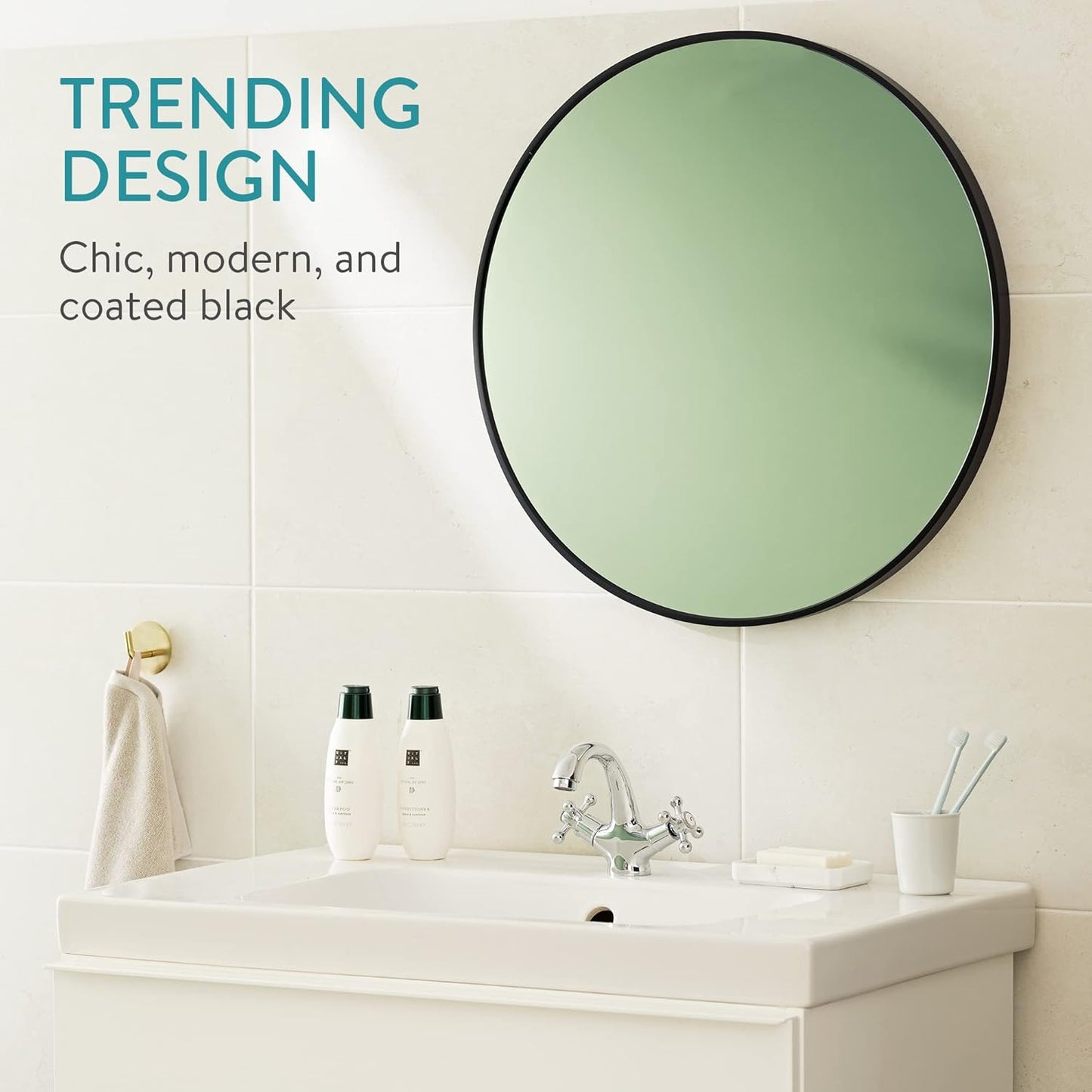 Navaris Round Mirror - 60 cm (24 inches) - Large Circle Wall Mirror for Bathroom Bed Room or Living Room - Sleek Aluminum Backed Frame - Black