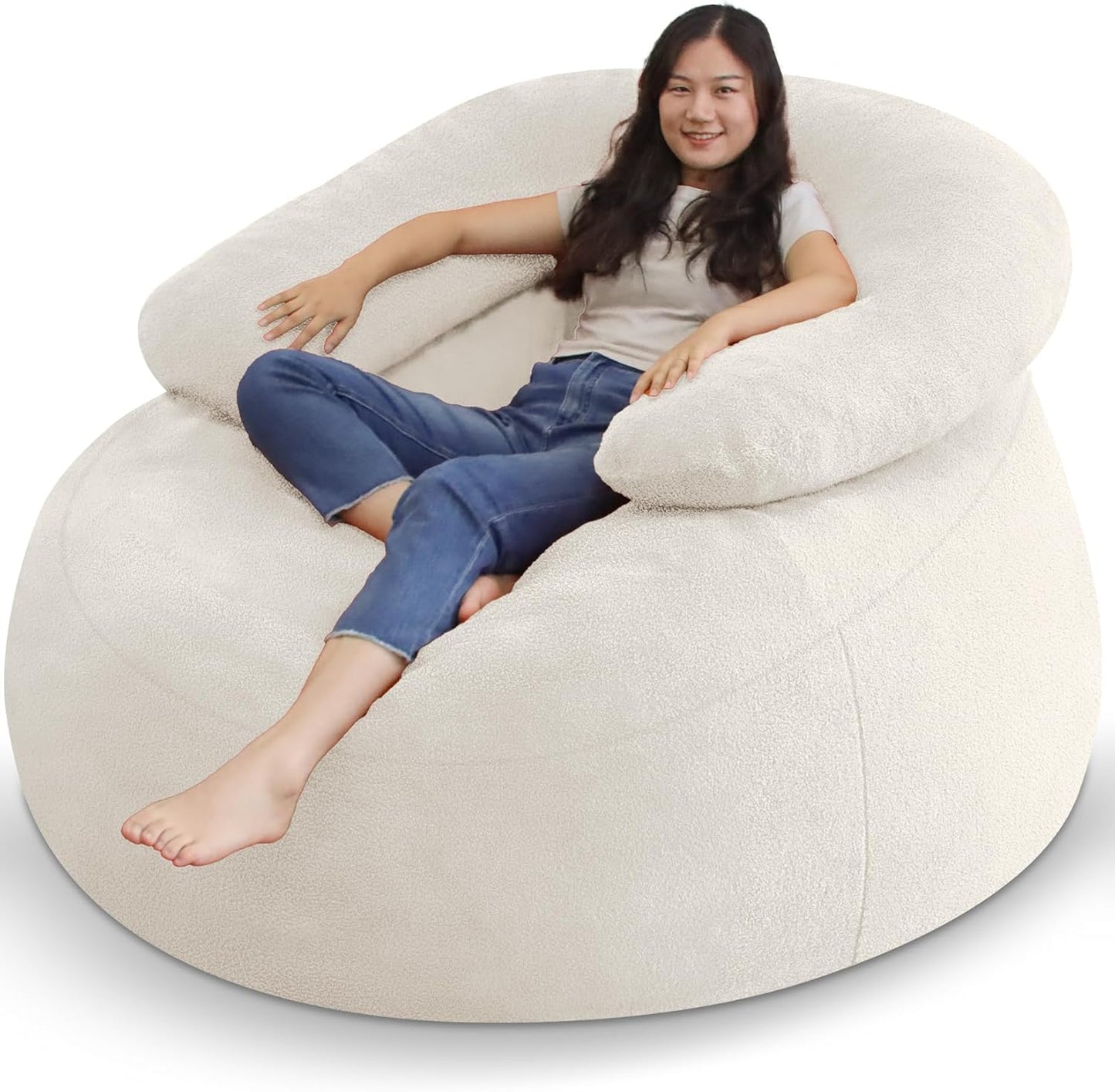 HABUTWAY Bean Bag Chair with U-Shaped Pillow for Adult and Kids Big BeanBag Chair with Filling Ultra Soft Teddy Fleece Couch Chair with Washable Cover for Living Room Bedroom Office, Beige & Beige