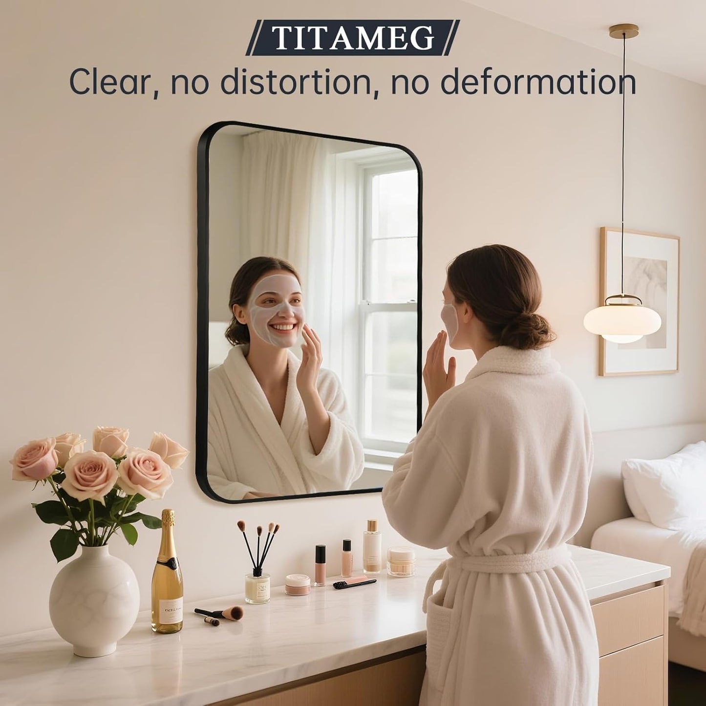 16x24 Inch Bathroom Mirror for Wall,Matte Black Framed Rectangle Mirror with Rounded Corner,Aluminum Alloy Framed Brushed Wall Mirror for Bedroom or Living Room,Vertical or Horizontal