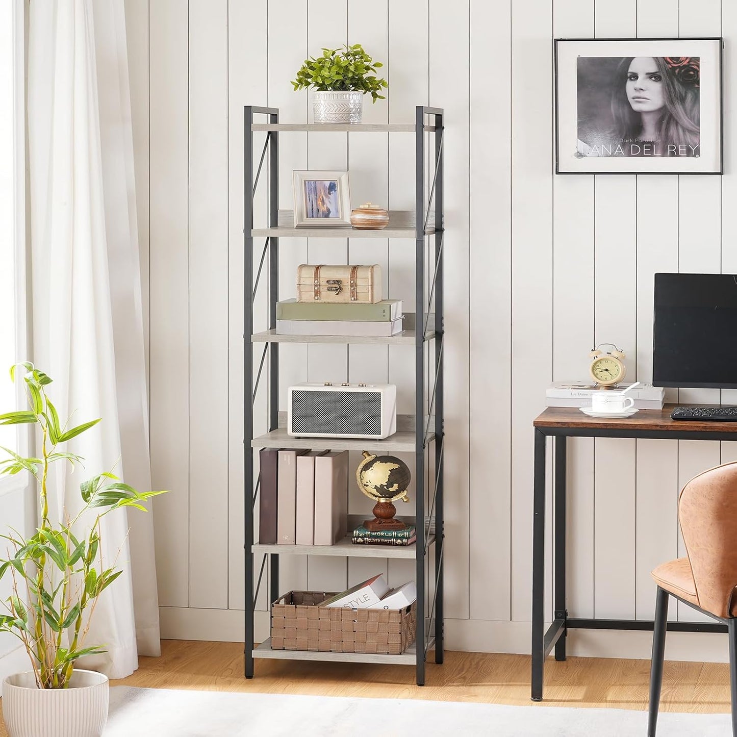 HOOBRO Bookshelf, 6-Tier Industrial Bookcase, Book Shelf Storage Organizer, Tall Bookshelf with Metal Frame for Living Room, Bedroom, Home Office, Kitchen, Greige and Black BG72SJ01