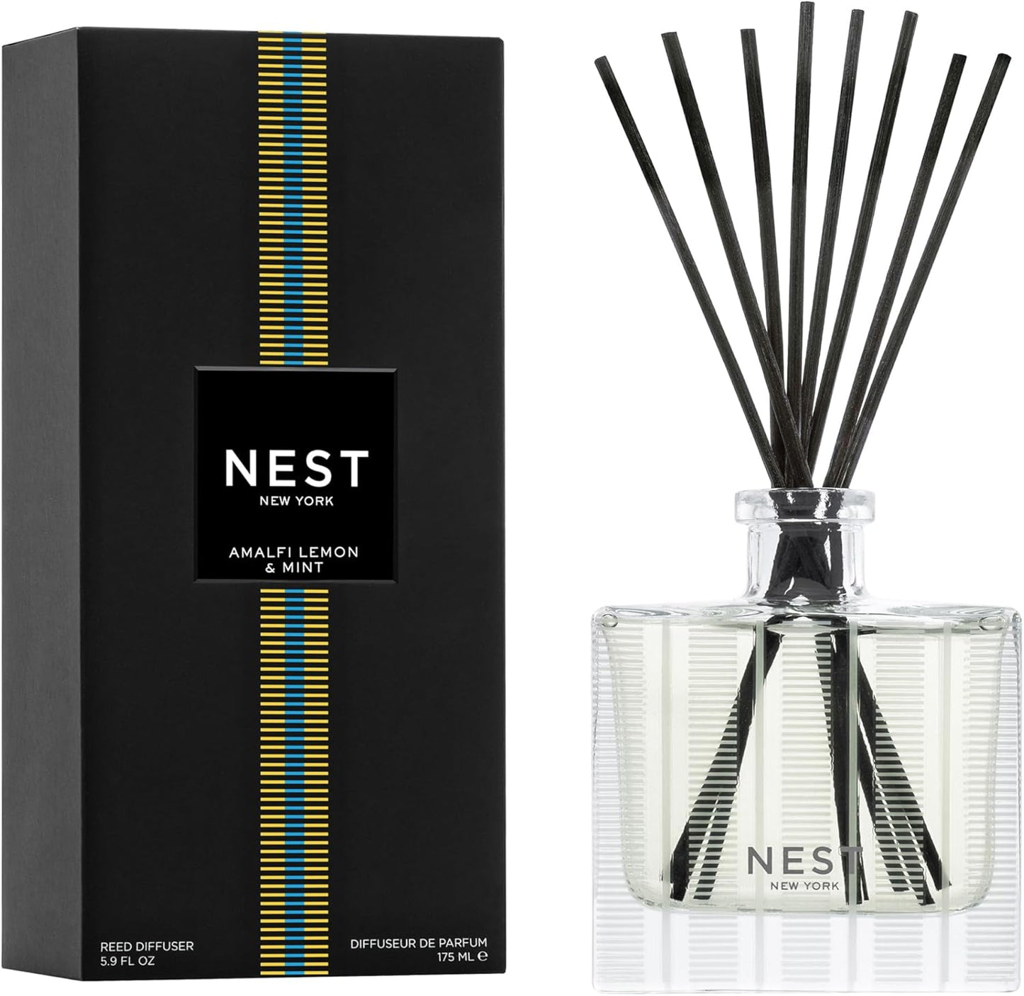 NEST New York Reed Diffuser, Amalfi Lemon & Mint - 5.9 fl oz - Fragrance for Up to 90 Days - Reusable, Refillable Glass Holder - Includes 8 All-Natural Reed Sticks - Flame Free