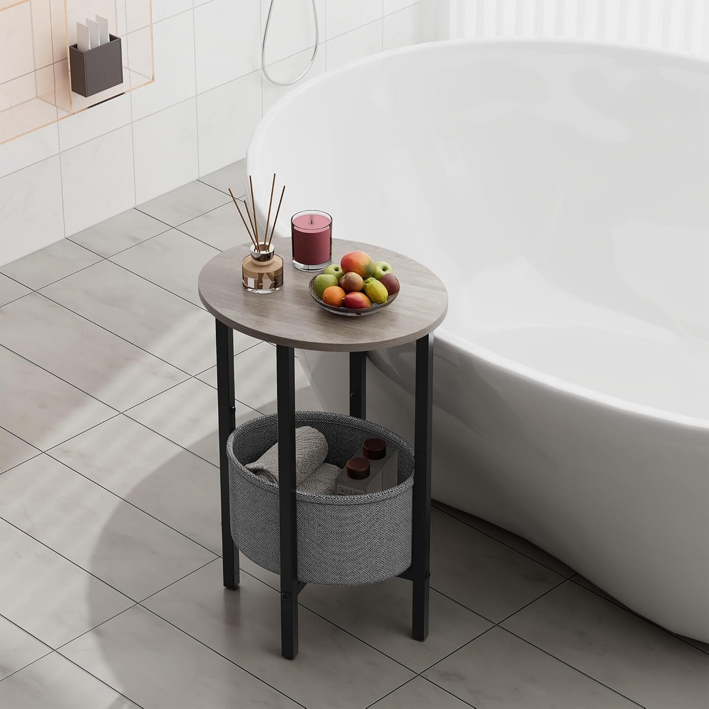 Vagusicc Round Side Table End Table with Storage Basket, Small Side Table Round Nightstand for Small Spaces, Tall Oval End Table with Steel Frame, Coffee Bedside Table for Living Room Bedroom, Greige