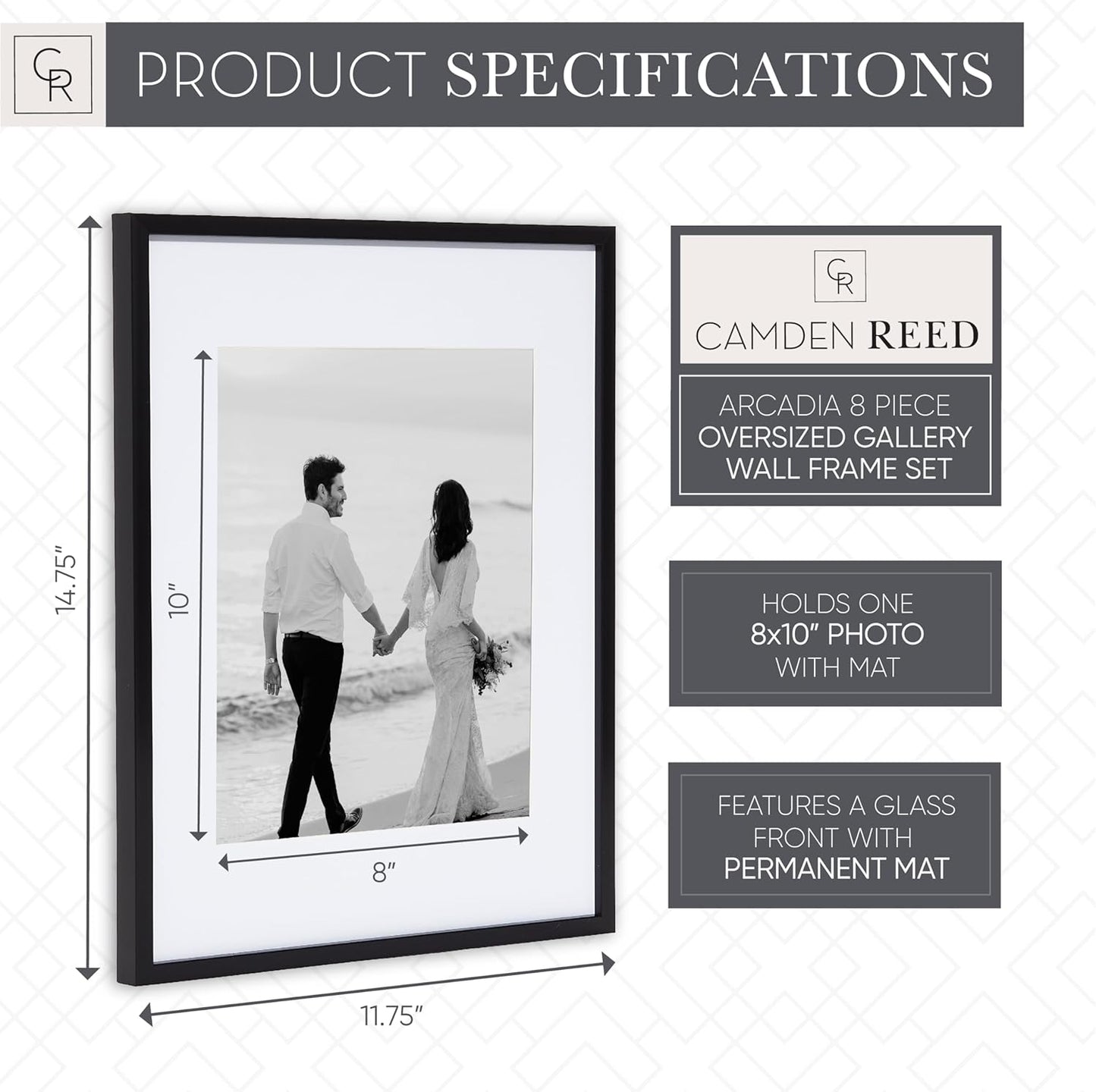 Camden Reed Arcadia 8 Piece Oversized Gallery Wall Frame, 11x14 and 11x11 inch matted frames for featuring 8x10 and 8x8 Inch Photographs or Art Prints, Black Finish