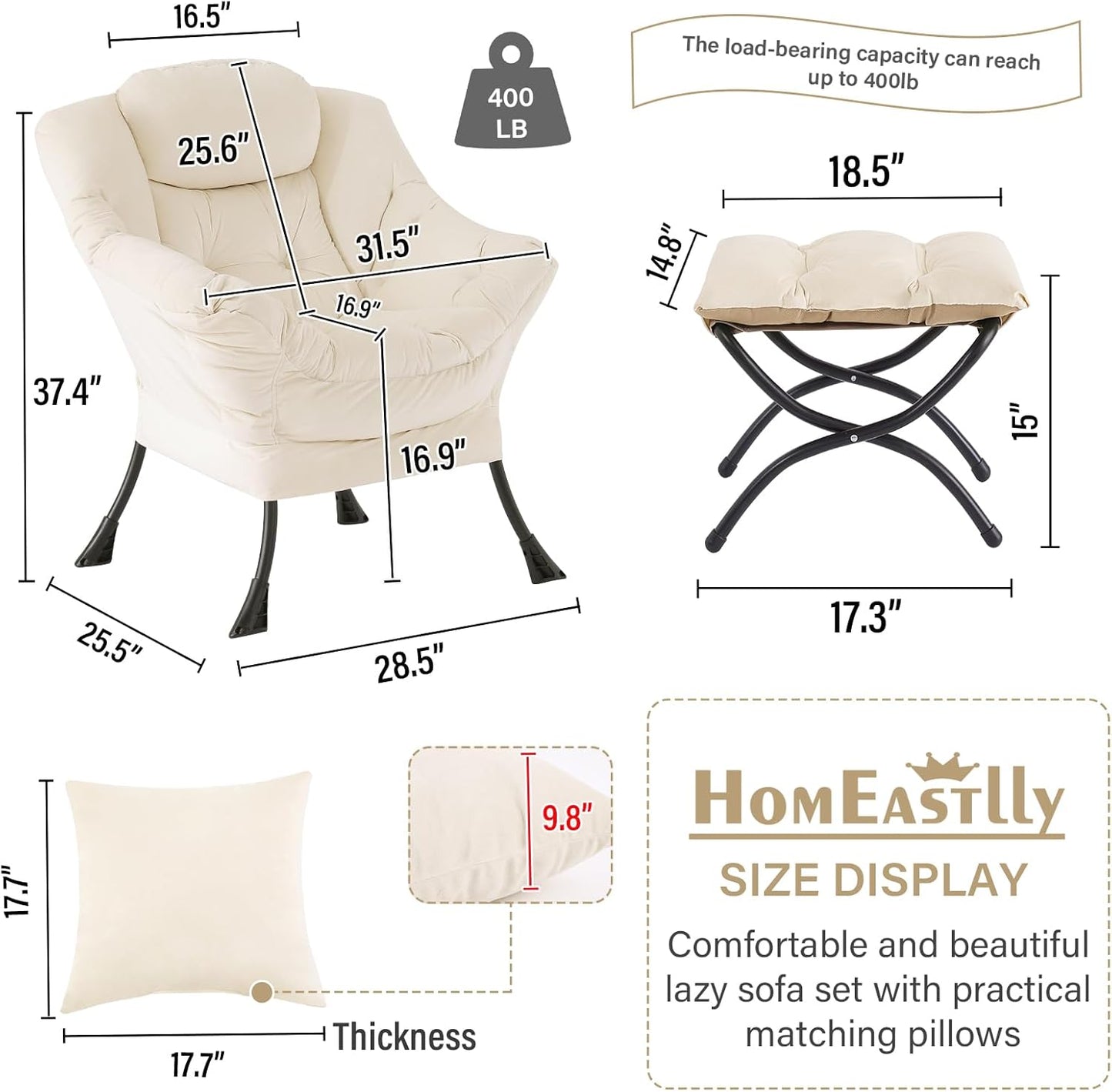 Lazy Chair with Ottoman, Modern Lounge Accent Chair with Armrests and a Throw Pillow, Leisure Sofa Chair Set, Reading Chair with Footrest for Living Room, Bedroom, Office, Velvet Ivory