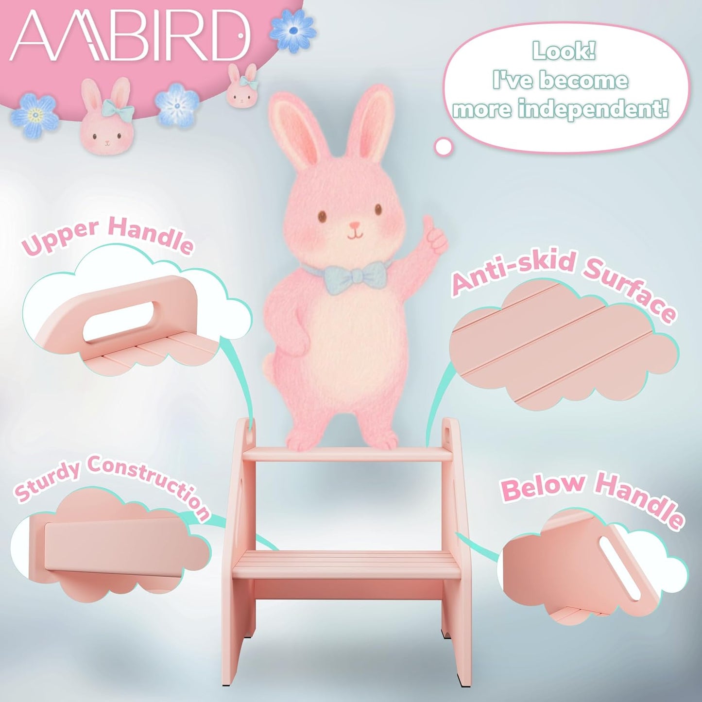 AMBIRD Wooden Kids Step Stool, 15.75'' H Potty Training Toddler 300 lbs Capacity with Safety Non-Slip Pads and Handles, Kitchen Step Stools for Kids, Bamboo Step Stool for Bathroom, High Beds (Pink)