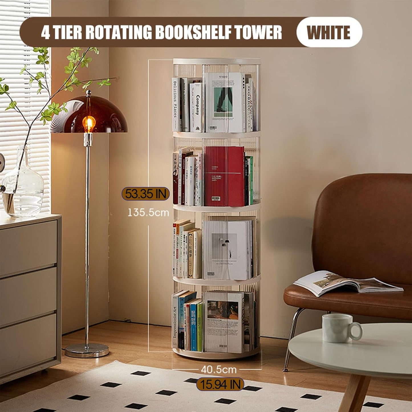 4 Tier Rotating Bookshelf Spinning Bookshelf Tower Swivel Bookcase Round Book Shelf for Small Space Revolving Bookcase for Playroom Bedroom Living Room