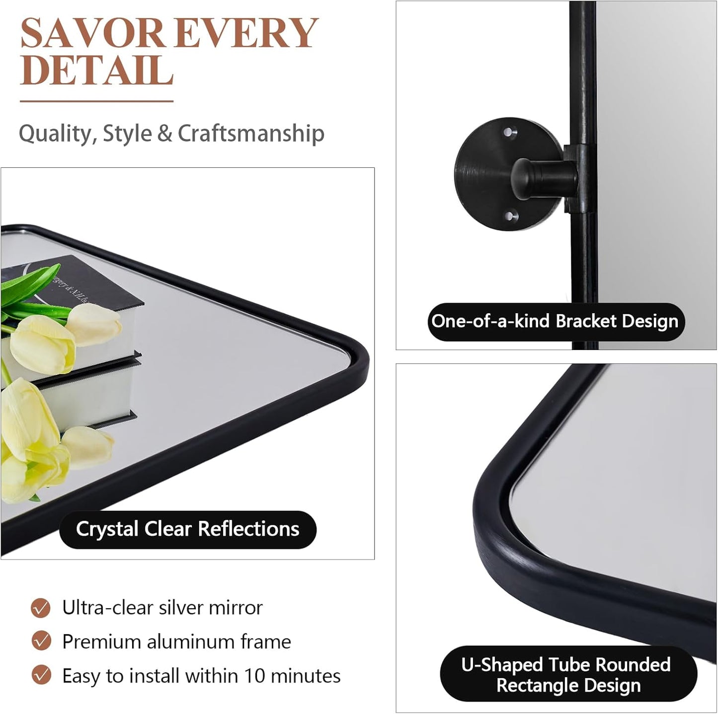 ANDY STAR Pivot Bathroom Mirror, 24 x 36 Inch Black Tilting Mirror for Bathroom with Rounded Corner Tube Metal Frame Design, Black Vanity Rectangle Mirror for Wall, Hangs Vertically Farmhouse Style