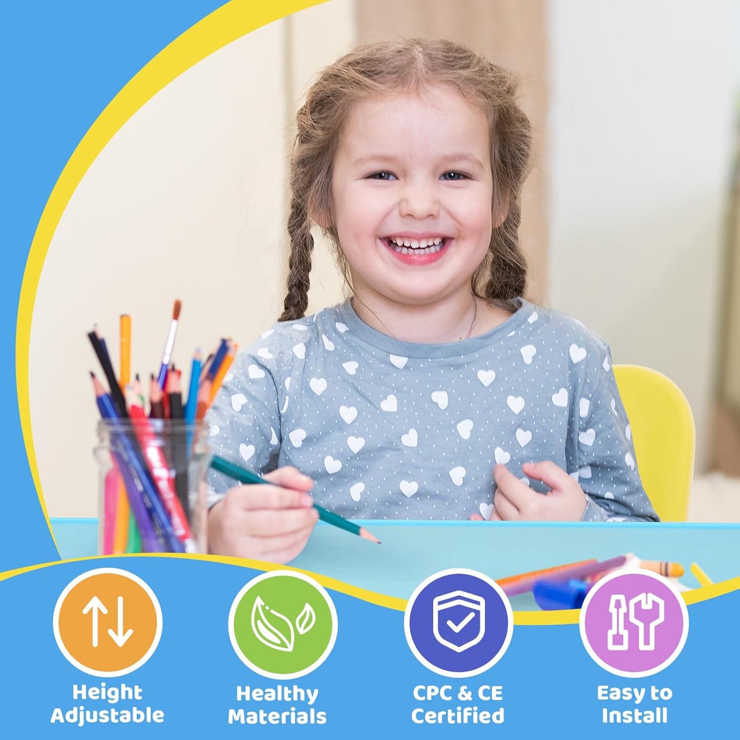 FUNLIO Kids Table and 2 Chairs Set, Height Adjustable Toddler Table and Chair Set for Ages 3-8, Easy to Wipe Arts & Crafts Table, for Classrooms/Daycares/Homes, CPC & CE Approved, Multi-Color