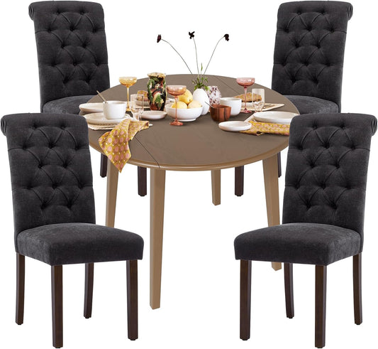COLAMY 5-Piece Extendable Dining Table Set for 4, 36" Kitchen Round Wood Table with 4 Tufted Dining Room Chairs,Light Brown/Black