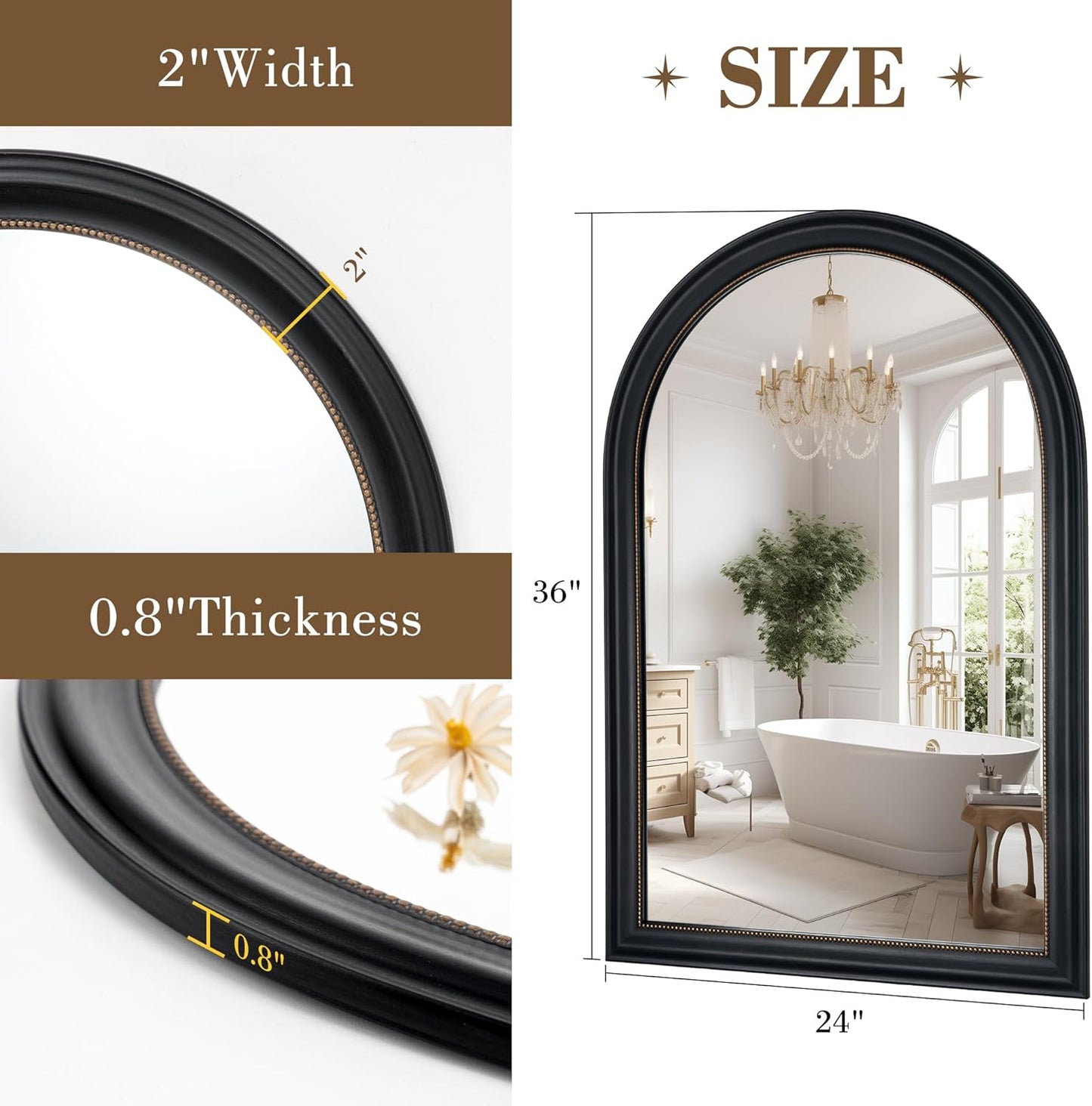 Axeman 24x36 Arched Wall Mirror, Decorative Bathroom Mirror, Traditional Vintage Wall Mounted Mirror with Beaded Frame for Accent Living Room Vanity Bedroom Entryway, Black