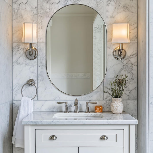 ANDY STAR Chrome Bathroom Mirror, 26x38’’ Oval Mirrors for Bathroom, Pill Shaped Mirror Chrome Metal Framed, SUS304 Anti-Rust, 1’’ Deep Wall-Mounted Vertically/Horizontally