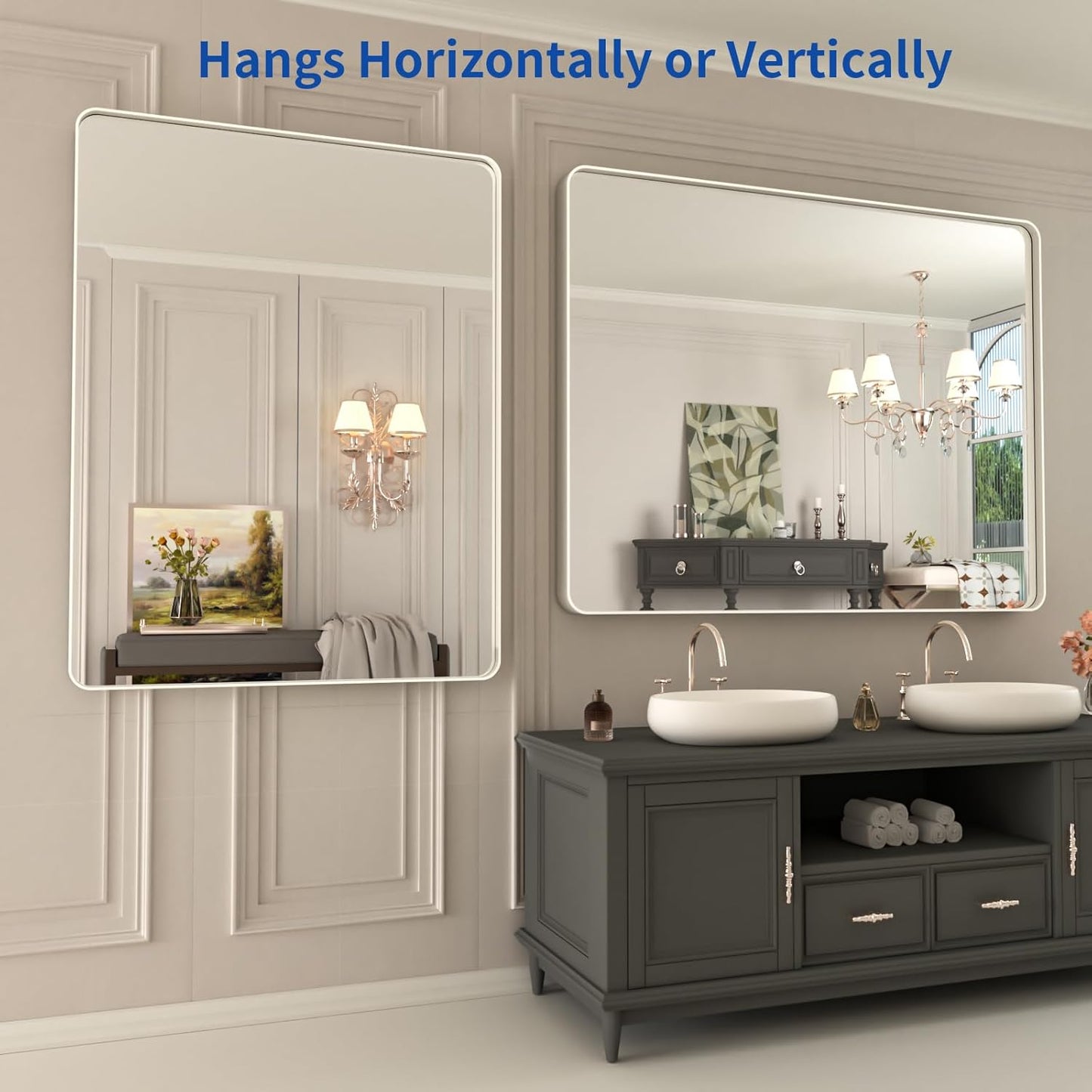 WEER 40X30 Inch Brushed Nickel Bathroom Mirror, Brushed Silver Metal Frame Mirror, Rounded Rectangle Silver Bathroom Vanity Mirror, Tempered Glass, Anti-Rust, Hangs Horizontally or Vertically