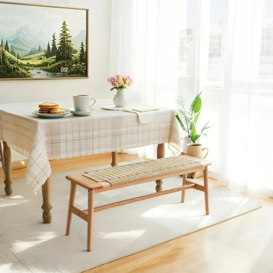 Solid Wood Entryway Bench, Wooden Dining Bench Stool w/Hand-Woven Top, End of Bed Benches for Bedroom Kitchen Dining Living Room & Entry Décor (Natural, 31.49" L)