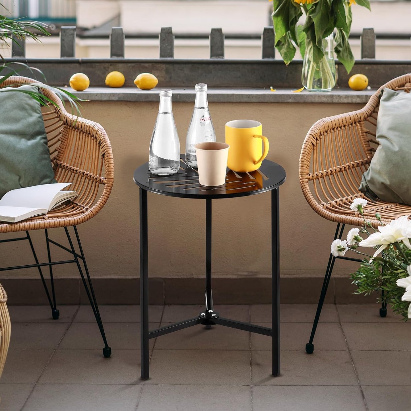 2 Packs 13" Metal Outdoor Side Tables Small Black Outside End Table for Patio Round Accent Corner Stand for Small Spaces Weather-resistant Coffee Table for Balcony Porch Plant Stand,Tropical Leaf