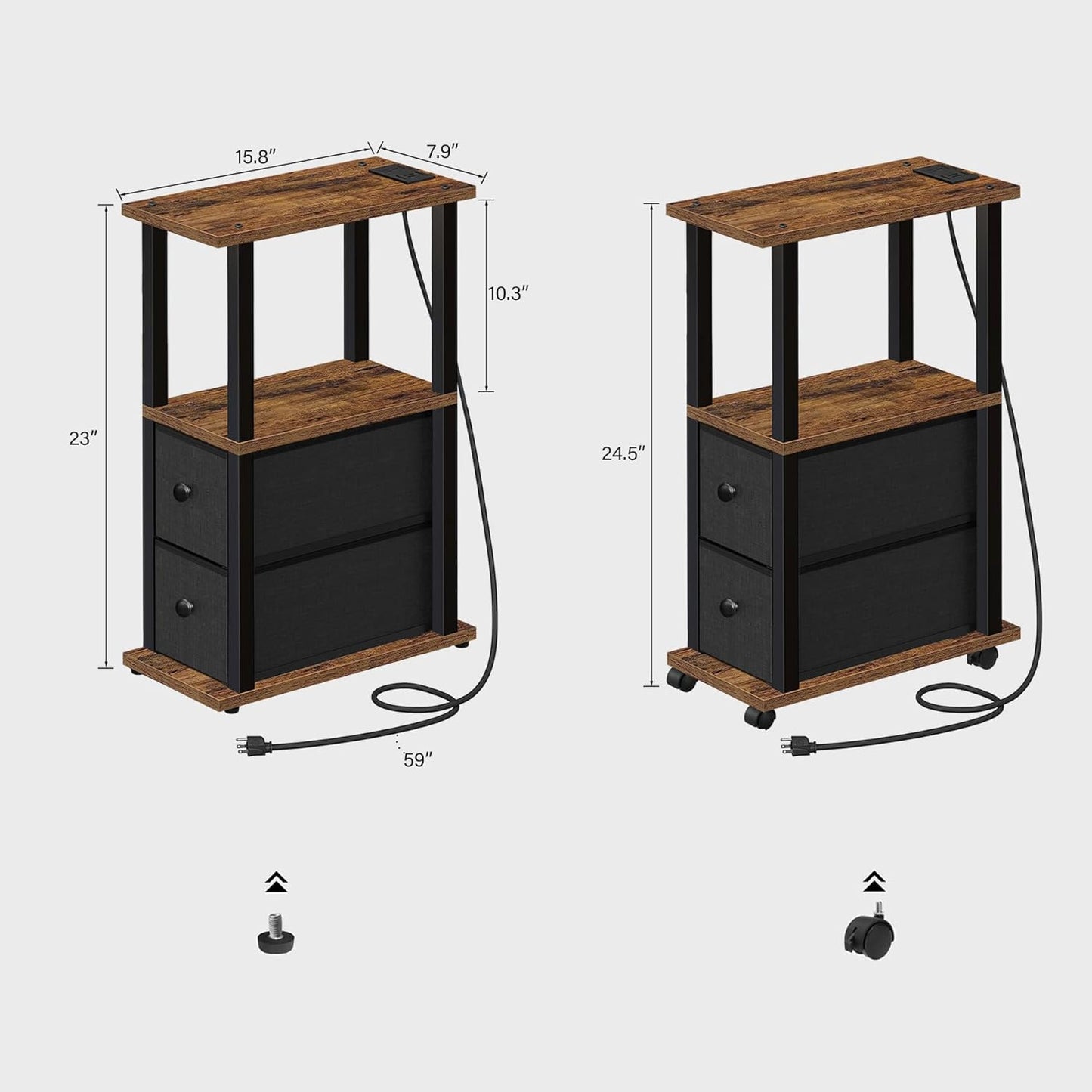 TUTOTAK Small Narrow End Tables, LED Side Tables with 2 Fabric Drawers, Set of 2, Bedside Tables with Charging Station for Small Spaces, Slim Nightstands with USB Ports and Wheels, TB01BB053L
