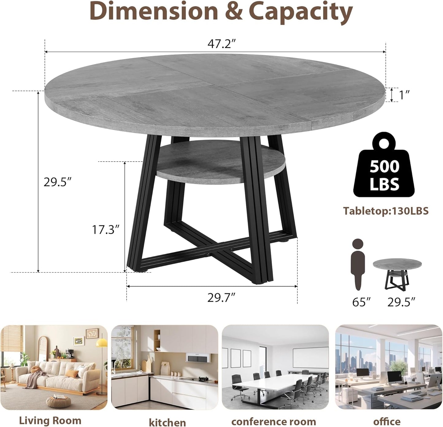 GarveeHome Round Dining Table for 4-6, 47.2" Farmhouse Kitchen Table with Storage, Circle Dinner Tables for Kitchen, Dining Room, Living Room, Meeting Room, Apartment, Grey