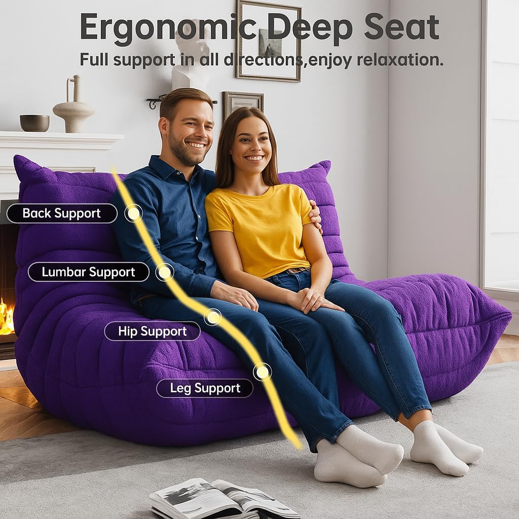 Bean Bag Chairs for Adults, Memory Foam Couch Loveseat Sofa Chair, Soft Teddy Material Cozy Comfy Reading Nook Chairs, Floor Chair for Living Room Bedroom Office(Purple)