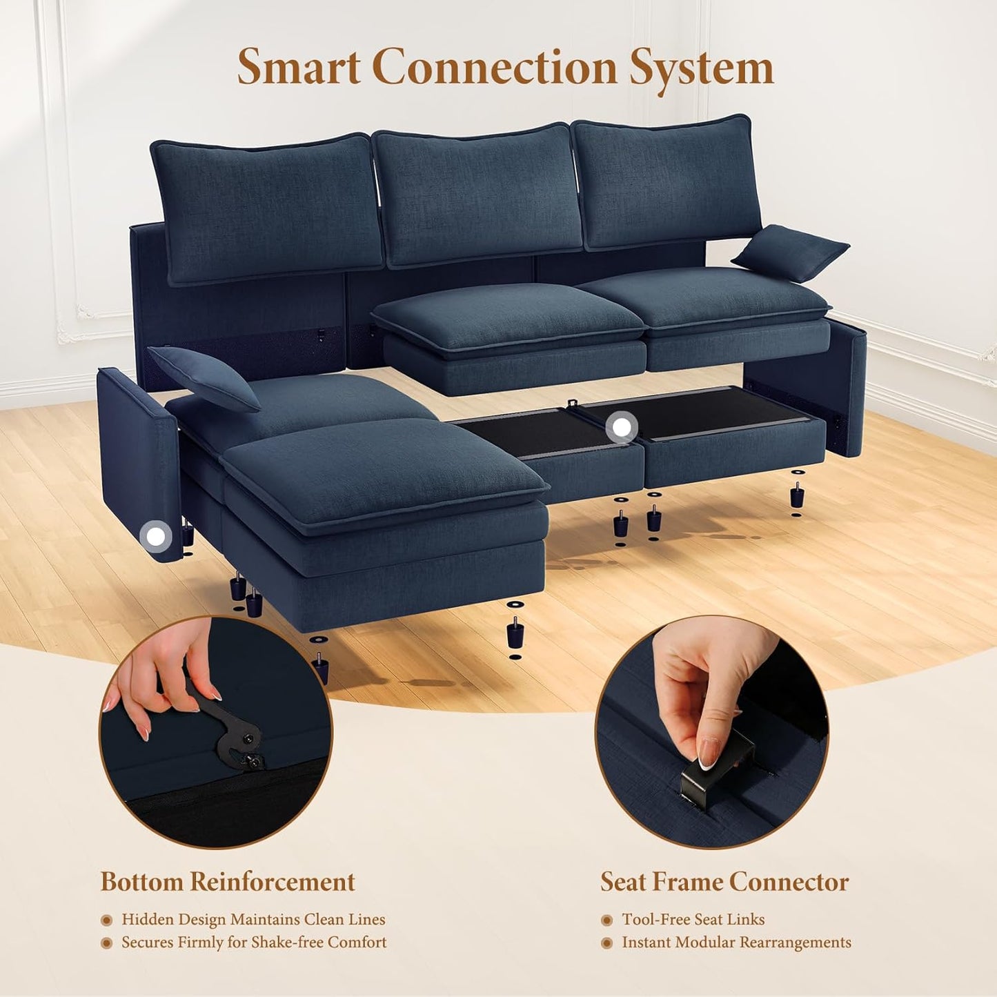 Vesgantti 108" U Shaped Sectional Couch, Comfy Cloud Modular Sectional Sofa with 2 Ottoman Deep Seat Chenille Modern Cloud Sofa, Modular Sofas for Living Room, Bedroom and Apartment, Blue