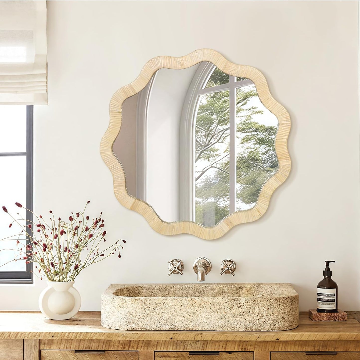 ULIKE Rattan Mirror for Wall, Bathroom 30 Inch Rustic Farmhouse Wall Decor with Handmade Wicker Frame, Boho Woven Mirror for Nursery Bedroom Living Room Entryway