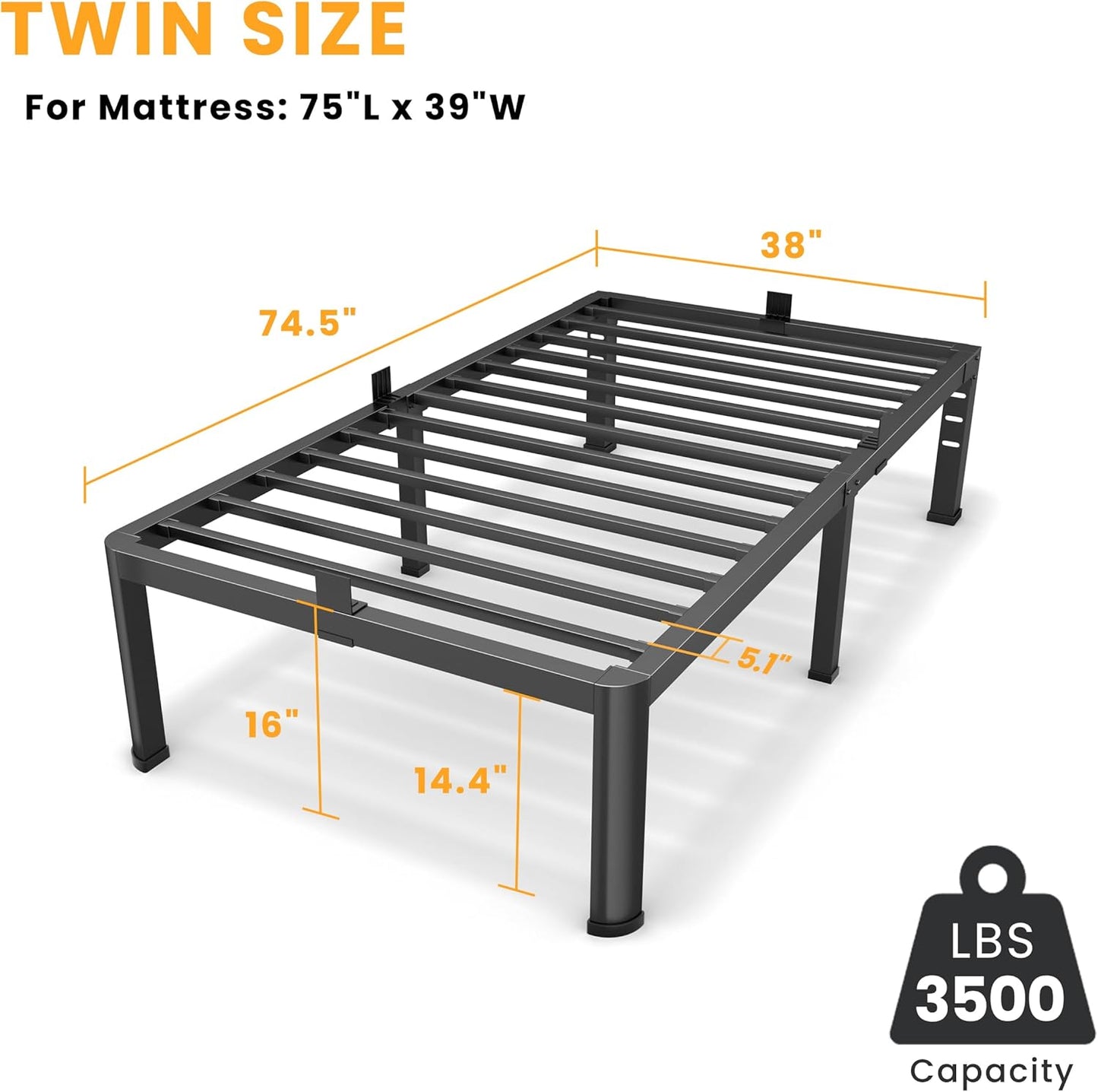 16 Inch Twin Size Metal Platform Bed Frame with Round Corners, Storage Space Under High Bed Frame-Heavy Duty Steel Slats Support, Noise Free - Easy Assembly - No Box Spring Needed