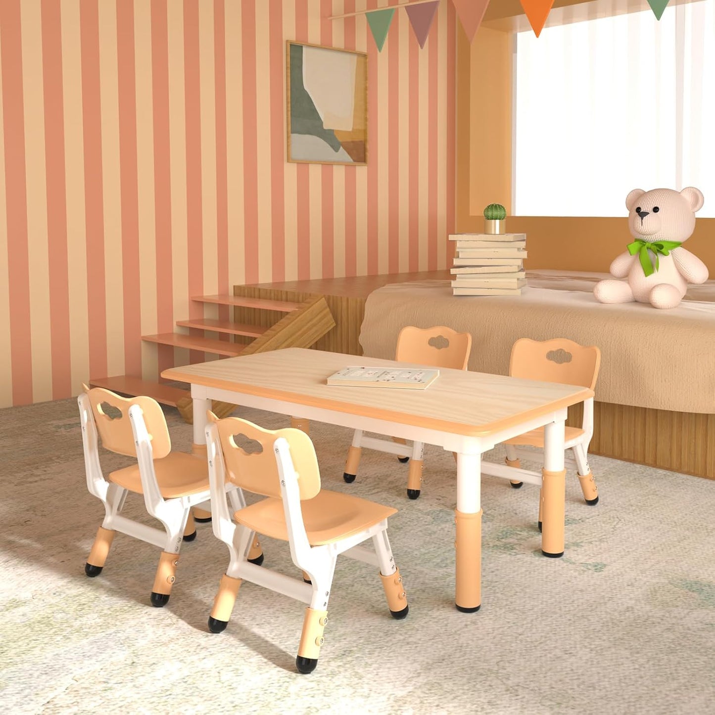 Kids Table and 4 Chairs Set，Height Adjustable Children Table & Chair，Toddlers Study Multi-Activity Table with 47.2"x23.6" Wipe-Clean Desktop，for Classrooms, Homes & Daycares