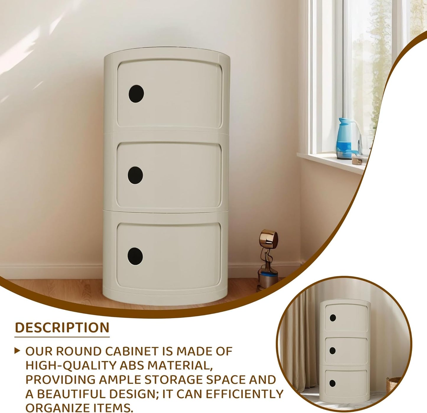 3 Tier Round with Storage, Modern Style Side Table, Multifunctional End Table Storage Cabinet for Living Room, Bedroom, Bathroom (Beige)