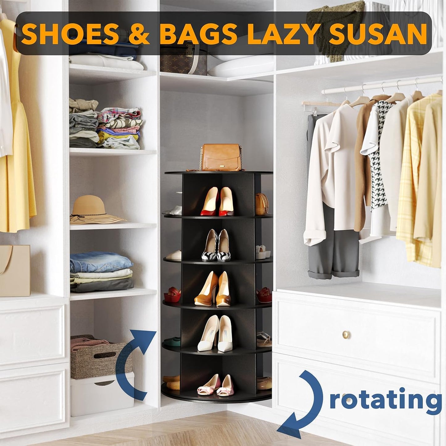 SpaceAid 5 Tier Rotating Shoe Rack Tower, Spinning Shoe Display Lazy Susan, Revolving 360 Shoe Rack Storage Round Carousel, Vertical Handbag Rotate Shoes Closet Organization (5-Tier Black)