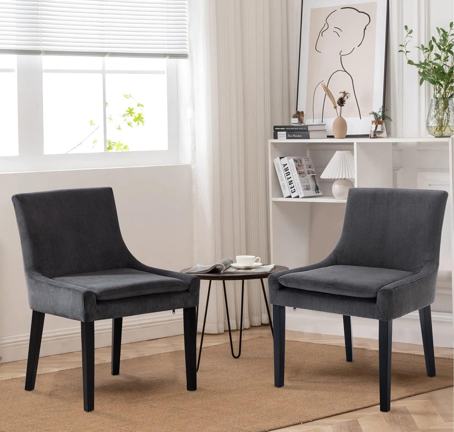 COLAMY Modern Dining Chairs Set of 4, Upholstered Corduroy Accent Side Leisure Chairs with Mid Back and Wood Legs for Living Room/Dining Room-Grey