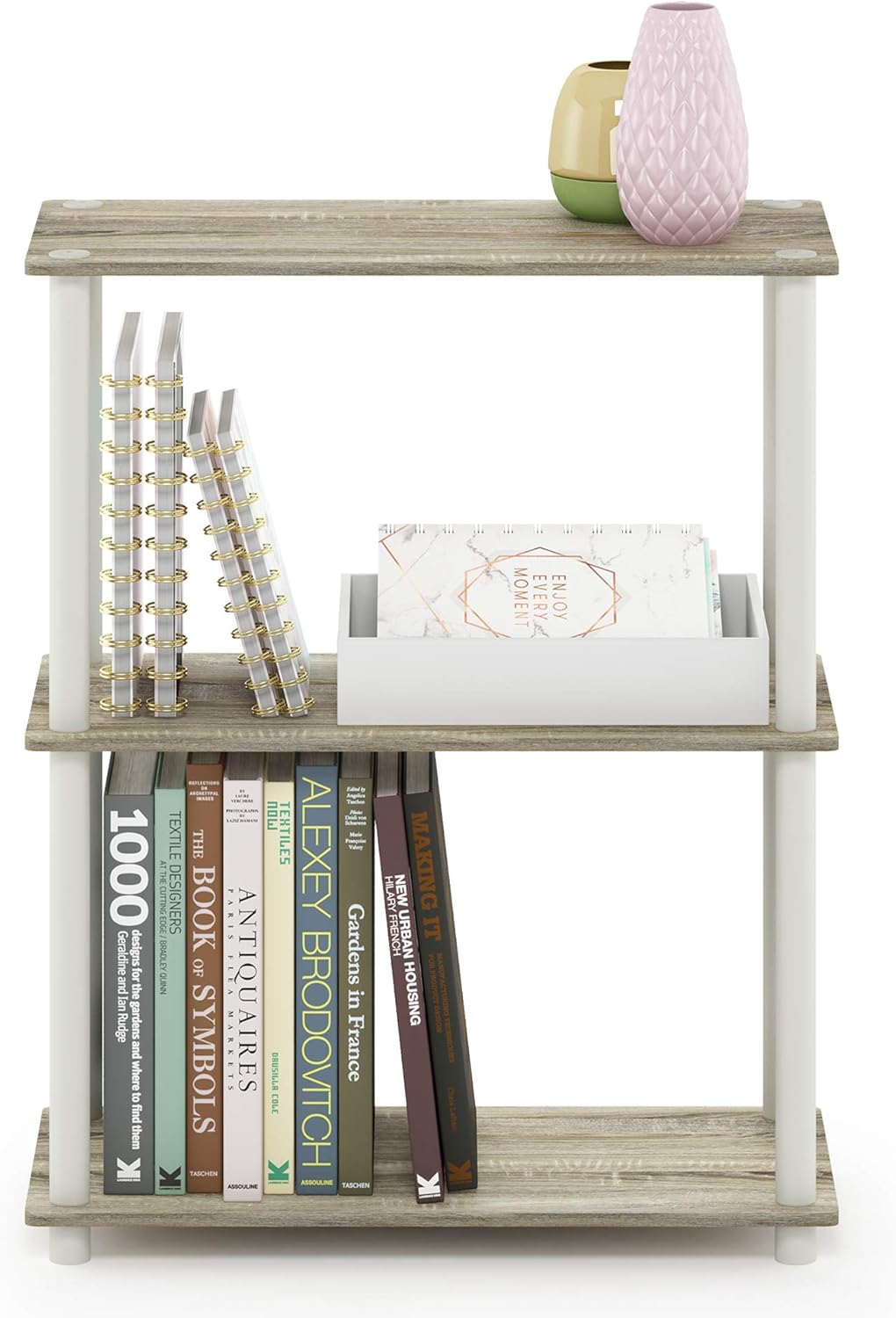 Furinno Turn-N-Tube 3-Tier Compact Multipurpose Shelf Display Rack, Sonoma Oak/White