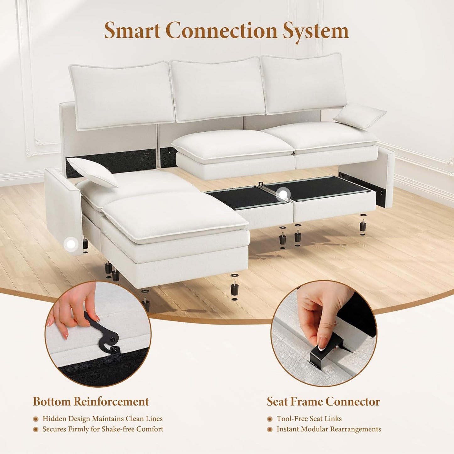 Vesgantti Large Modular Sectional Sofa, Big Comfy Cloud Couch with Ottoman Deep Seat Chenille Cloud Sofa, 8 Seater Large Sectional Couches for Living Room, Bedroom and Apartment, Snow White