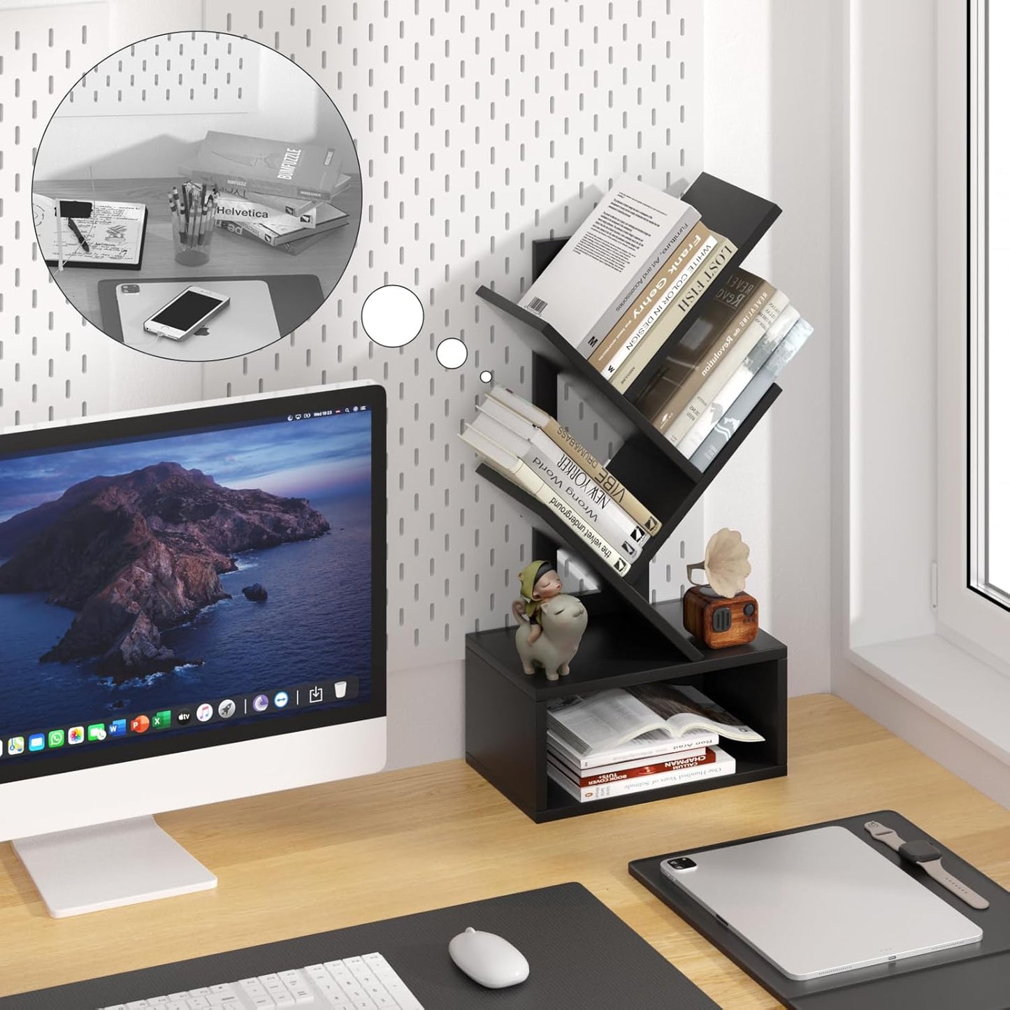 Small Tree Book Shelf,5 Tier Black Tree Bookshelf,Black Desktop Bookcase,Modern Desk Display Storage Bookshelves,Floor Standing Organizer Bookcases for Living Room,Bedroom,Office