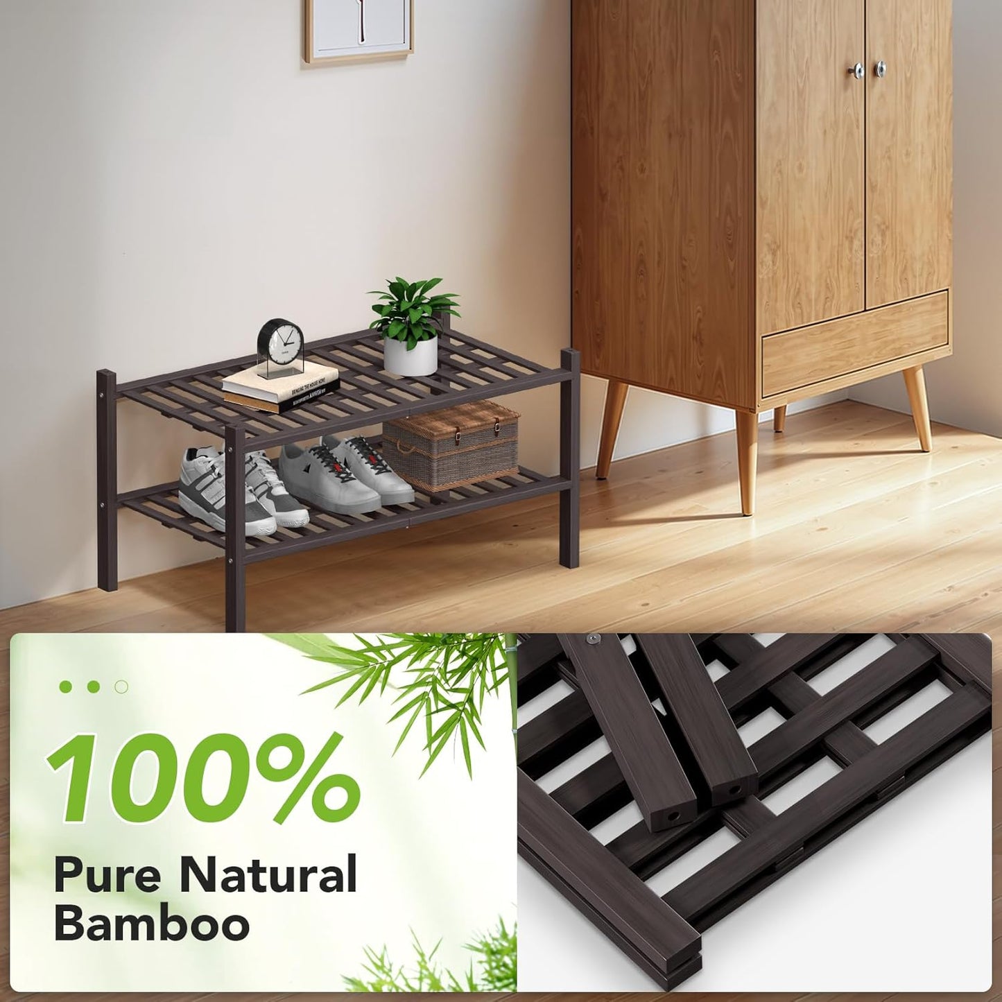 Haddockway Large 2 Tier Bamboo Shoe Rack Storage Organizer, Multifunctional Free Standing Stackable Shoe Shelf with Grid Panel for Closet,Hallway,Entryway,Small Space 27"x12"x14"(Brown, 2-Tier(Large))