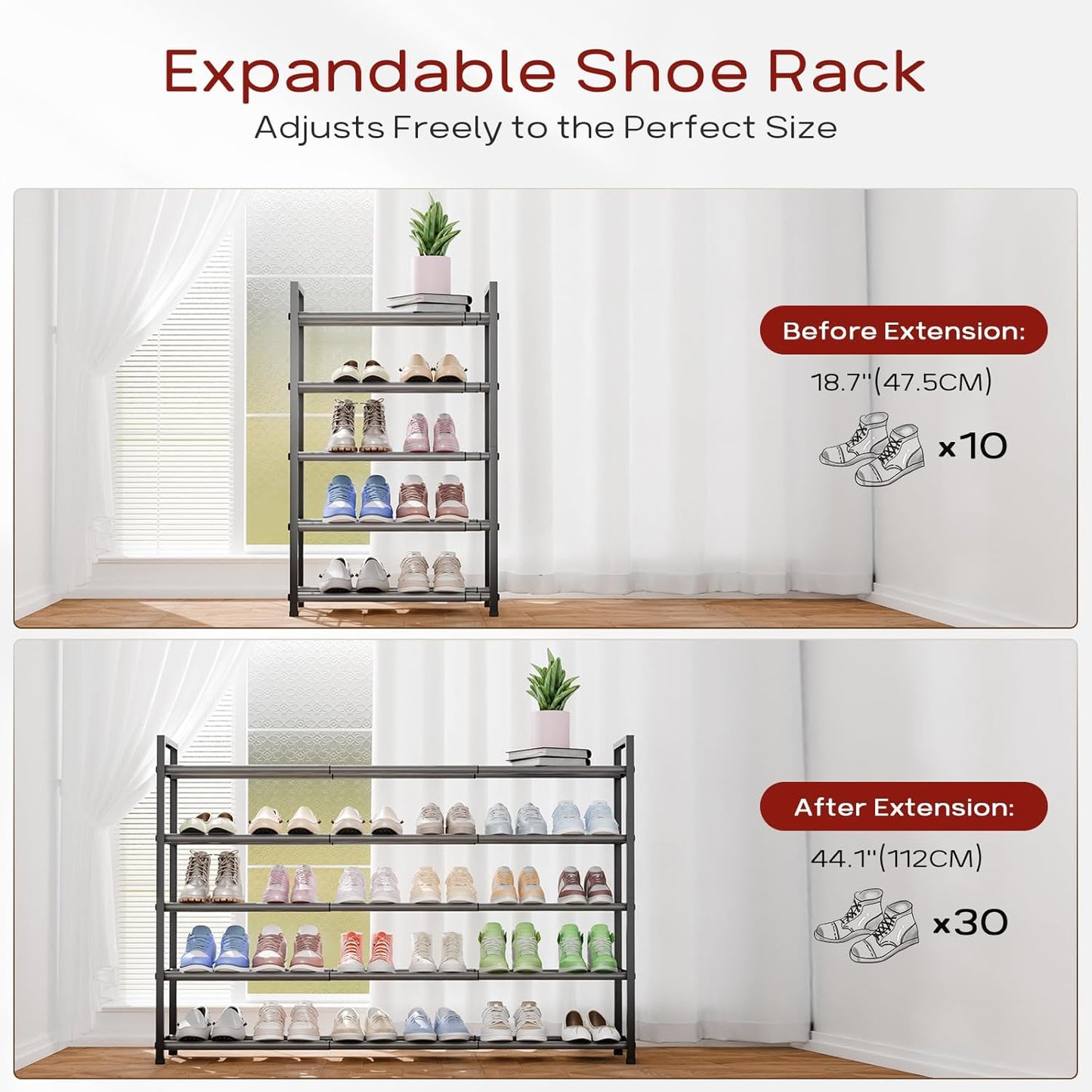 Bumusty 5-Tier Long Expandable Shoe Rack for Closet, 18"-44" Adjustable Shoe Rack for Entryway, 25-30 Pairs Large Shoe Organizer Shelf Storage, Sturdy Metal, Grey
