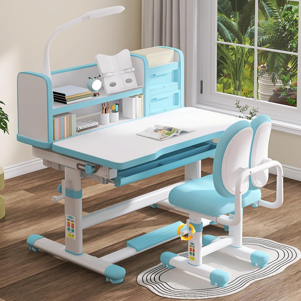 Kids Study Table and Chair Set Blue Height Adjustable Child's School Study Writing Tables Kids Desk and Chair Set Adjustable Art Desk Girls for Bedroom with Large Writing Board and Drawer