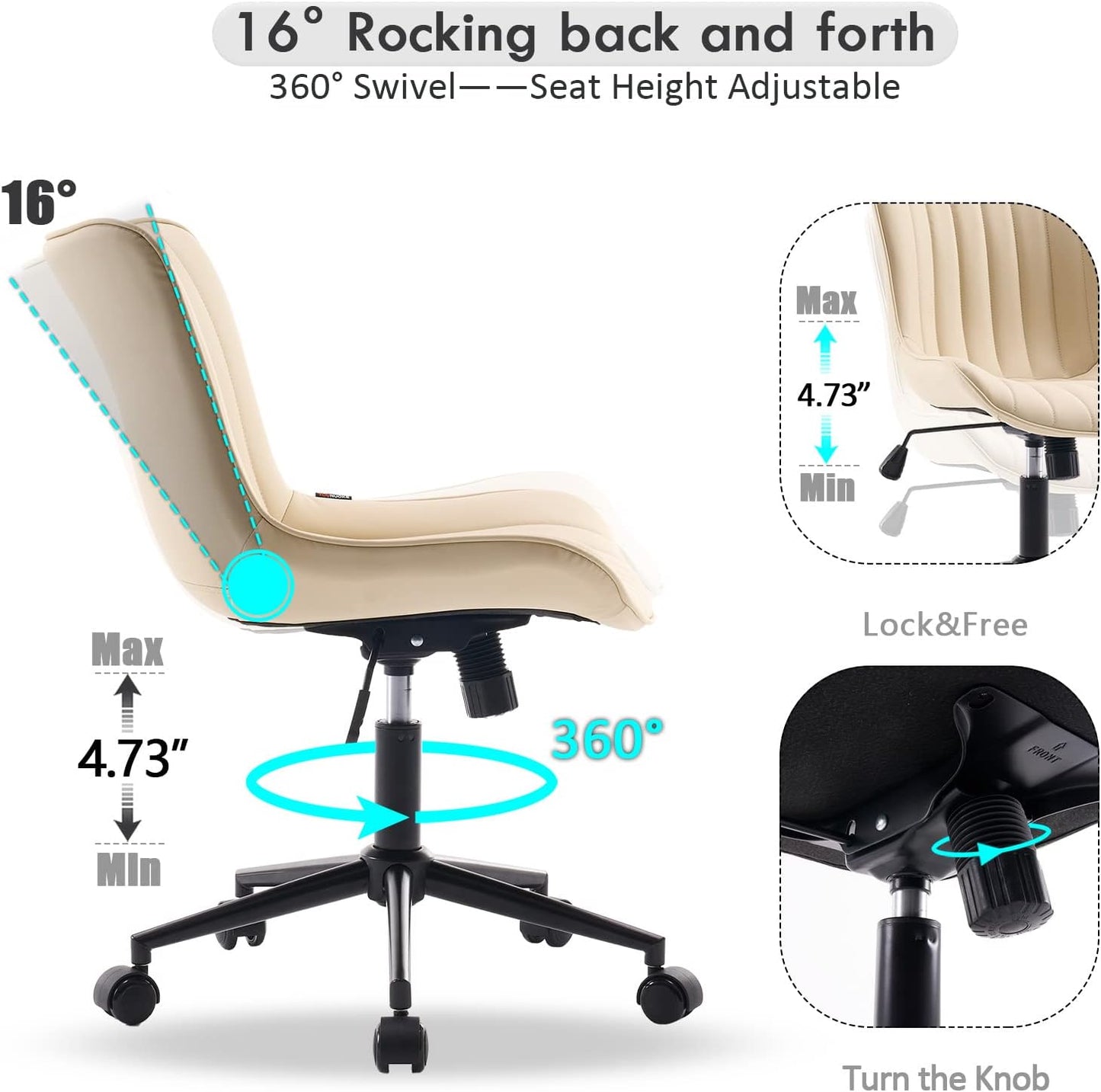 YOUNIKE Beige Home Office Desk Chair with Wheels Swivel Comfy Armless Vanity Chair with Back Modern Leather Upholstered Rolling Task Chair Small Cute Drafting Sewing Chair No Arms Adjustable