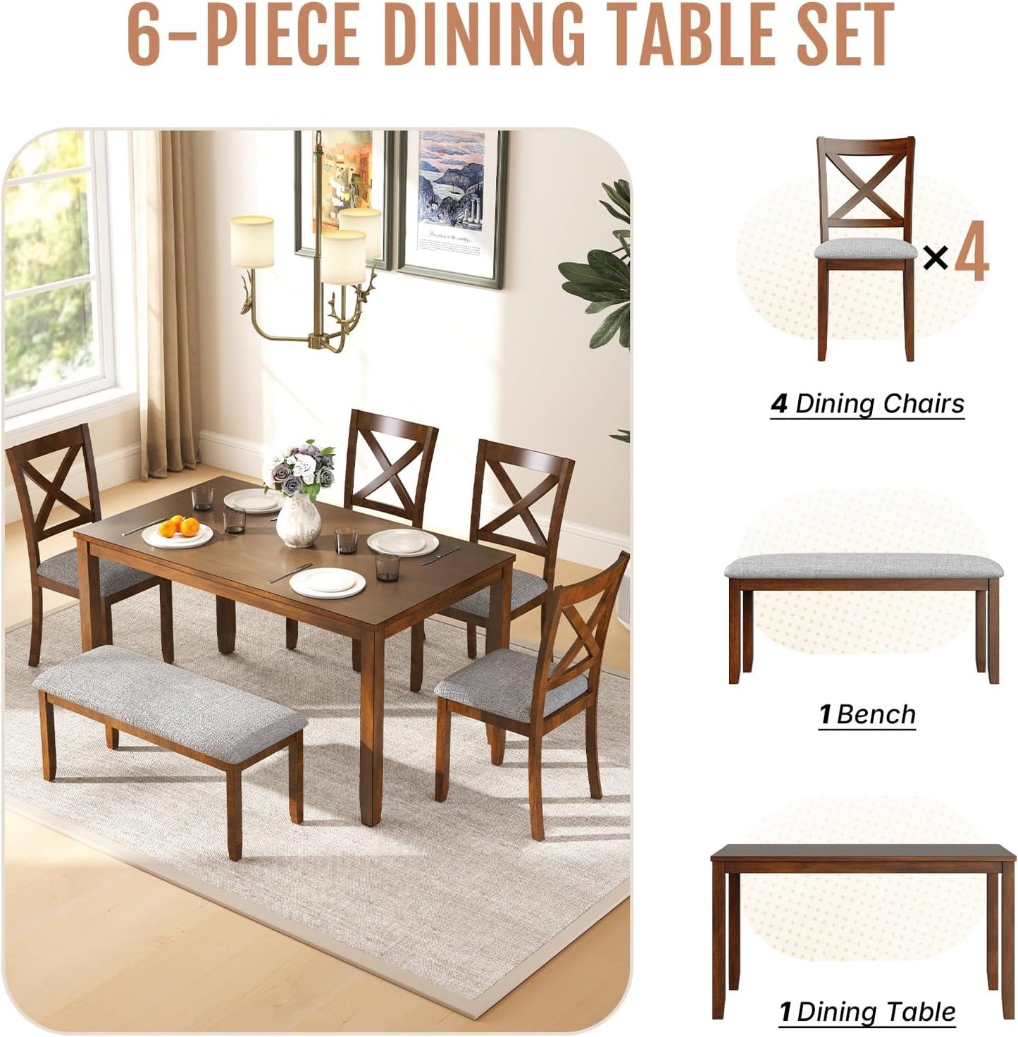 6-Piece Solid Wood Dining Table Set, Including 1 Dining Table, 4 Upholstered Chairs and 1 Bench, Wooden Dining Table Set for Kitchen, Dining Room, Walnut