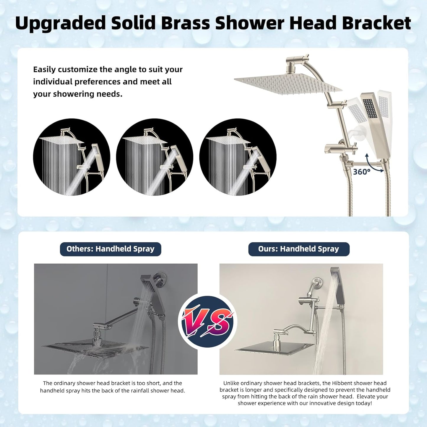 Hibbent All Metal 10'' Rainfall Shower Head, Dual Shower Head Combo, High Pressure Handheld Shower Wand, 16'' Adjustable Arc-shaped Shower Extension Arm, 71'' Hose, Showerhead Holder, Brushed Nickel