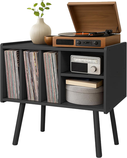 Record Player Stand with Vinyl Storage, Wooden Record Player Table with 5 Cabinet, Large Vinyl Record Player Stand, Record Player Holder, Record Player Shelf for Office Living Room, Black